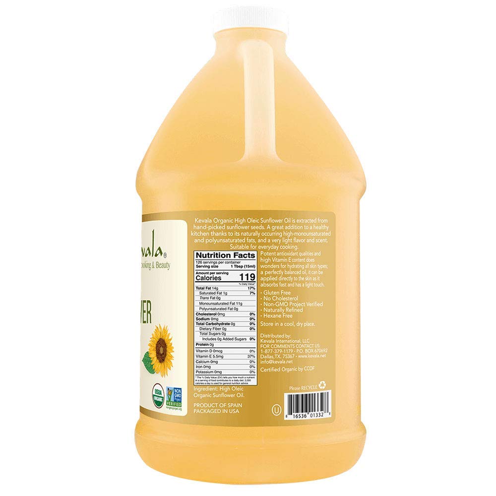 Kevala Organic Sunflower Oil - Cold Pressed, Hexane Free, Non-GMO, Vegan, Kosher, Cholesterol Free - 64 oz for Cooking, Baking, Hair & Skin Care - Rich in Vitamin E & Healthy Fats