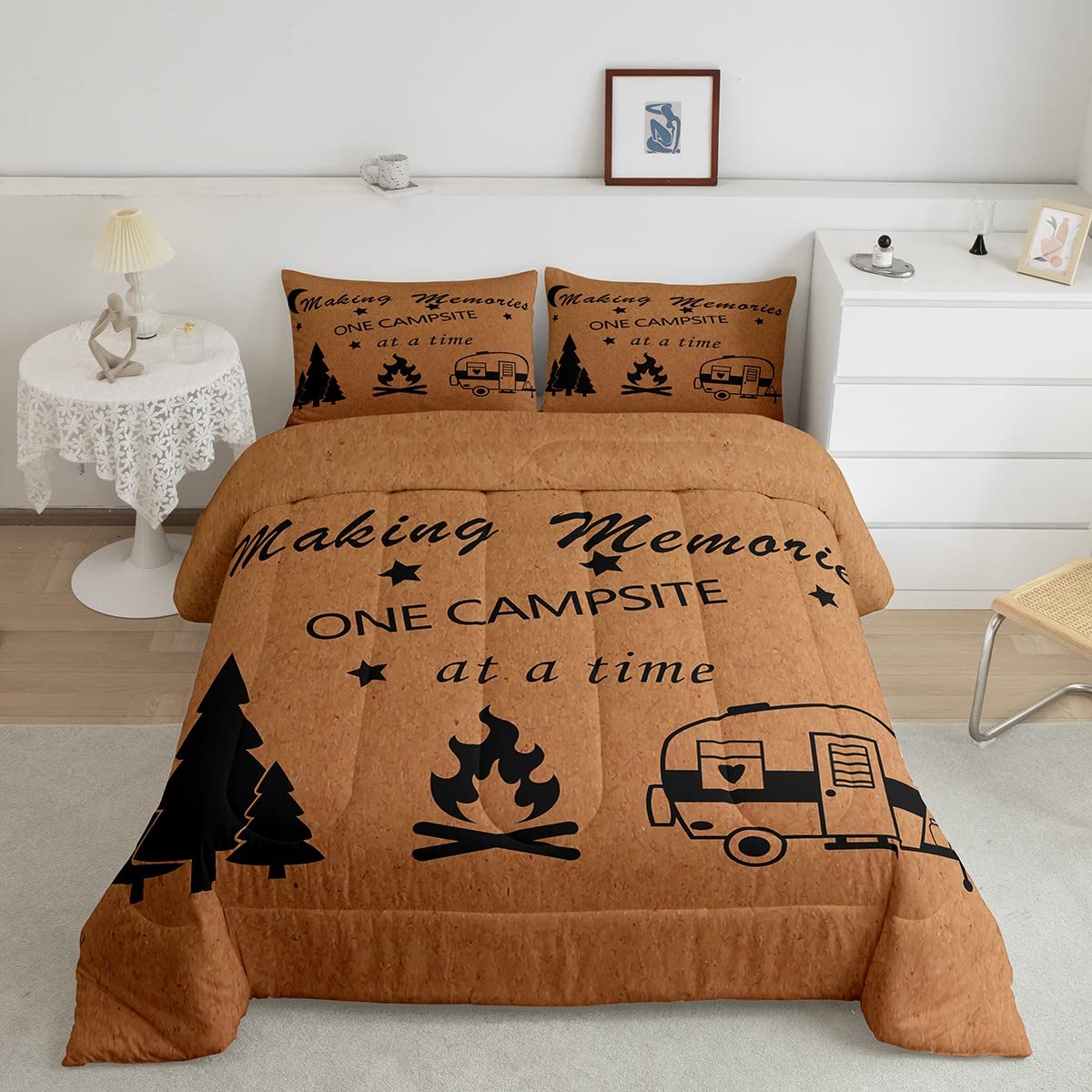 **Retro Brown Camping Theme Comforter Set for Kids & Teens - Full Size Rustic Farmhouse Bedding, Duvet Cover & Quilt - Perfect for Bedroom Decor, Cabin Retreats & Outdoor Adventure Themed Rooms**
