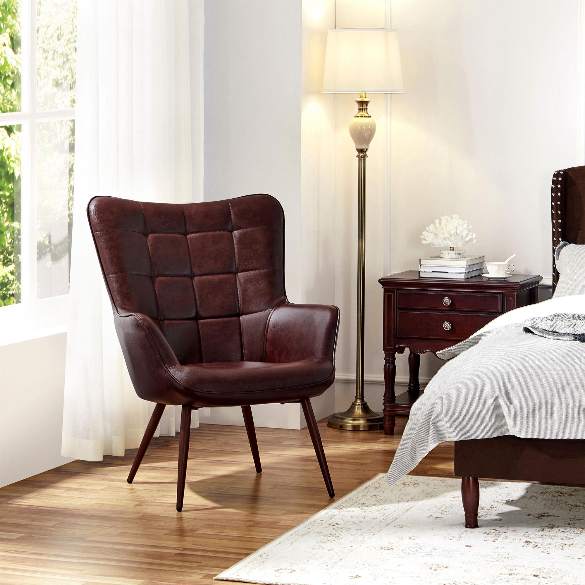 Yaheetech Mid-Century Modern PU Leather Armchair - Tufted High Back Accent Chair with Tapered Legs for Living Room, Home Office & Bedroom - Chestnut Brown (Set of 2) | Perfect for Reading Nooks, Cozy Corners & Contemporary Home Decor