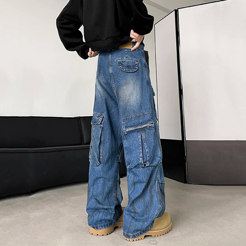 American Style Men's Denim Jeans - Multi-Pocket Pleated Straight Leg with Contrast Hem & Wide Fit | Casual Wear, Street Style & Everyday Comfort (Model 9C9281)