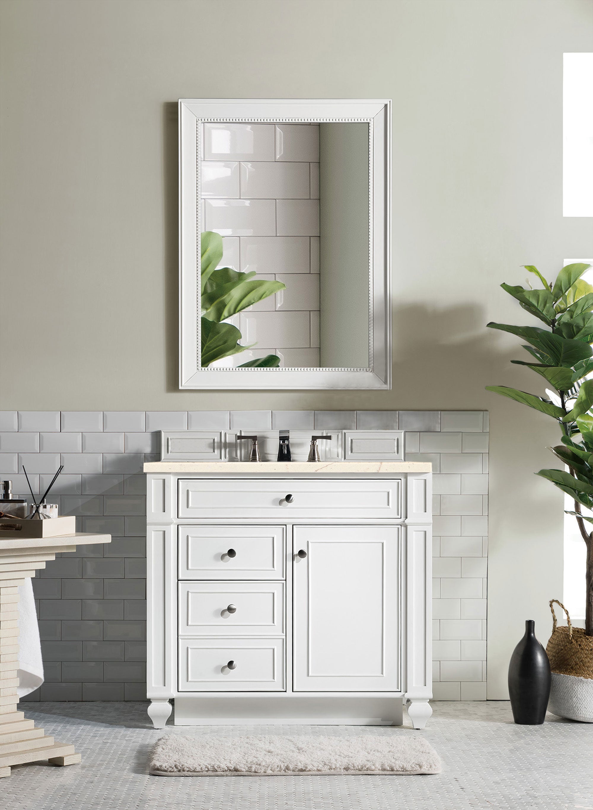 Bristol 36 Inch Single Bathroom Vanity with 3CM Eternal Marfil Quartz Top in Bright White - Perfect for Modern Master Bathrooms and Powder Rooms
