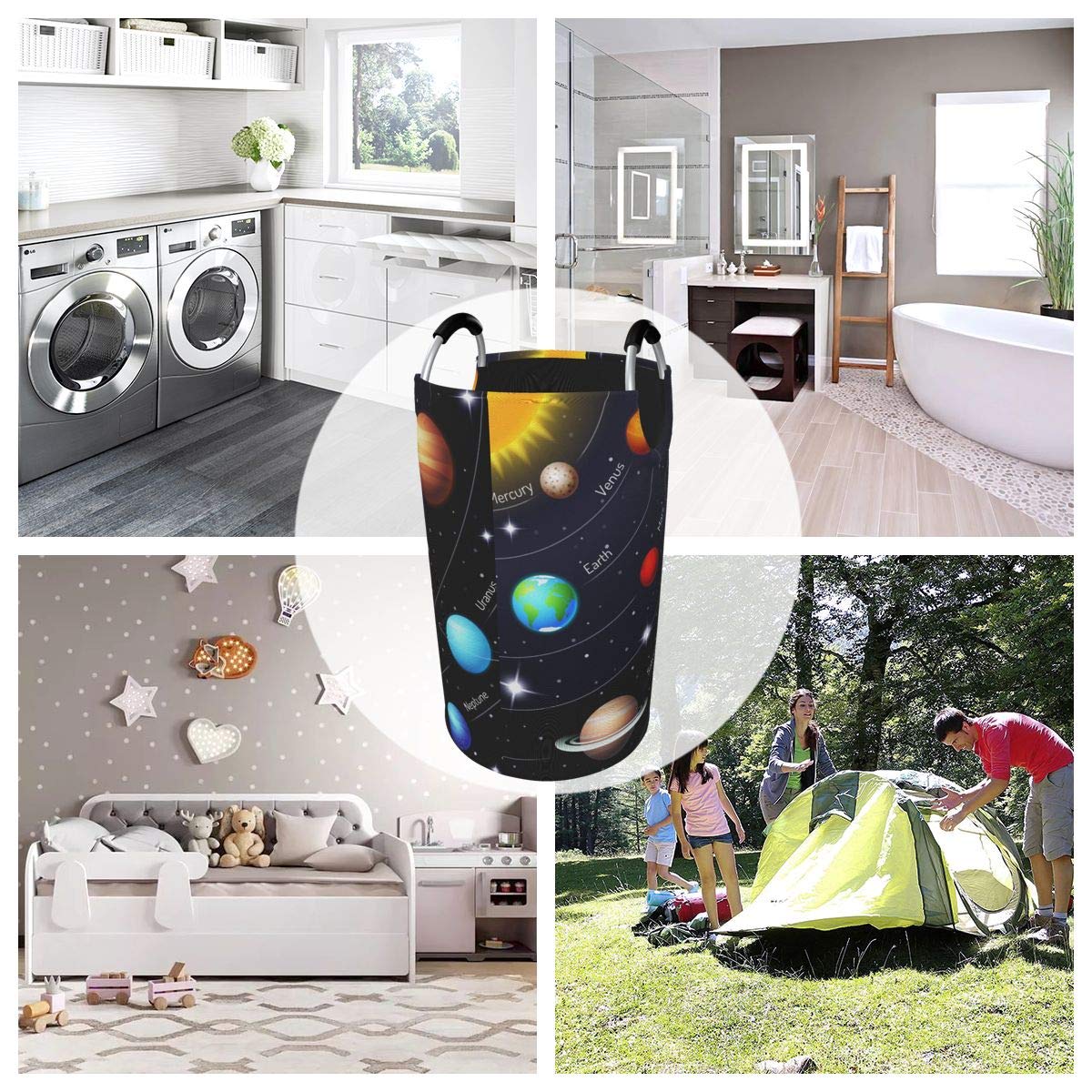 DUJIEA 82L X-Large Collapsible Laundry Hamper with Aluminum Handles - Extra Tall Round Clothes Storage Basket for Kids, Dorm Room & Home Organization | Space-Saving Cosmic Planet Design for Bedroom, Bathroom & Laundry Room