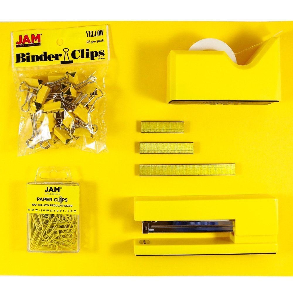 JAM PAPER Office Starter Kit - Yellow - Stapler, Tape Dispenser, Staples, Paper Clips & Binder Clips - 5/Pack - Perfect for Home Office, School Supplies & Workplace Organization