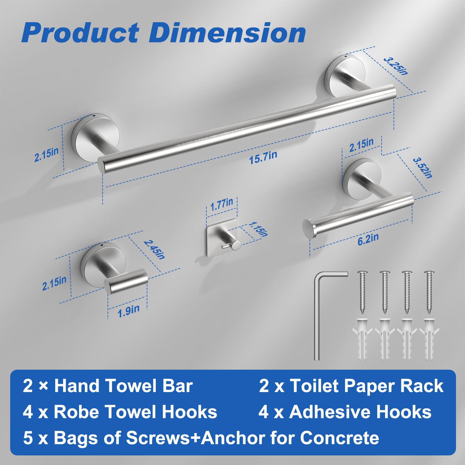 BlueFire 12-Piece Bathroom Hardware Set - Wall Mounted Towel Bars, Paper Towel Holders & Adhesive Hooks for Bathroom Organization (Silver) | Perfect for Modern Bathrooms, Guest Rooms & Spa-Style Decor
