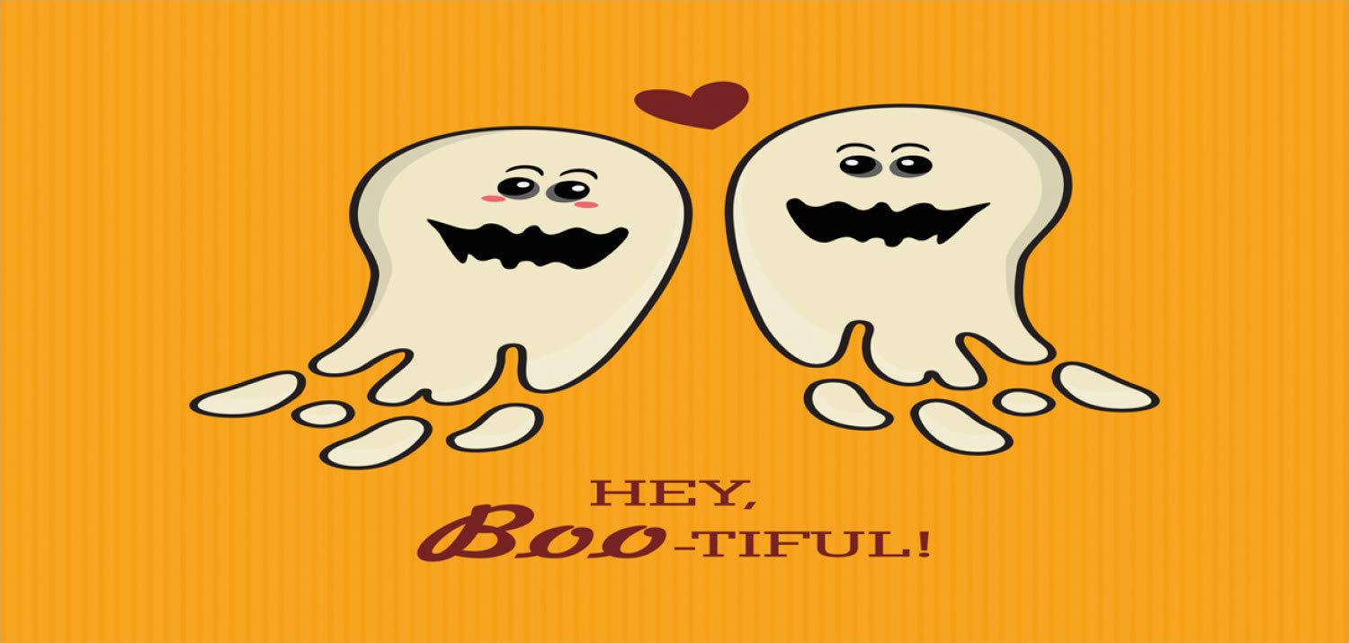 Ambesonne Halloween Coffee Mug - 11 oz Ceramic Cup with 'Hey Boo-tiful' Text & Cute Ghost Couple Design for Tea, Coffee, Hot Chocolate - Perfect Gift for Halloween Lovers & Couples (Orange Eggshell Maroon)