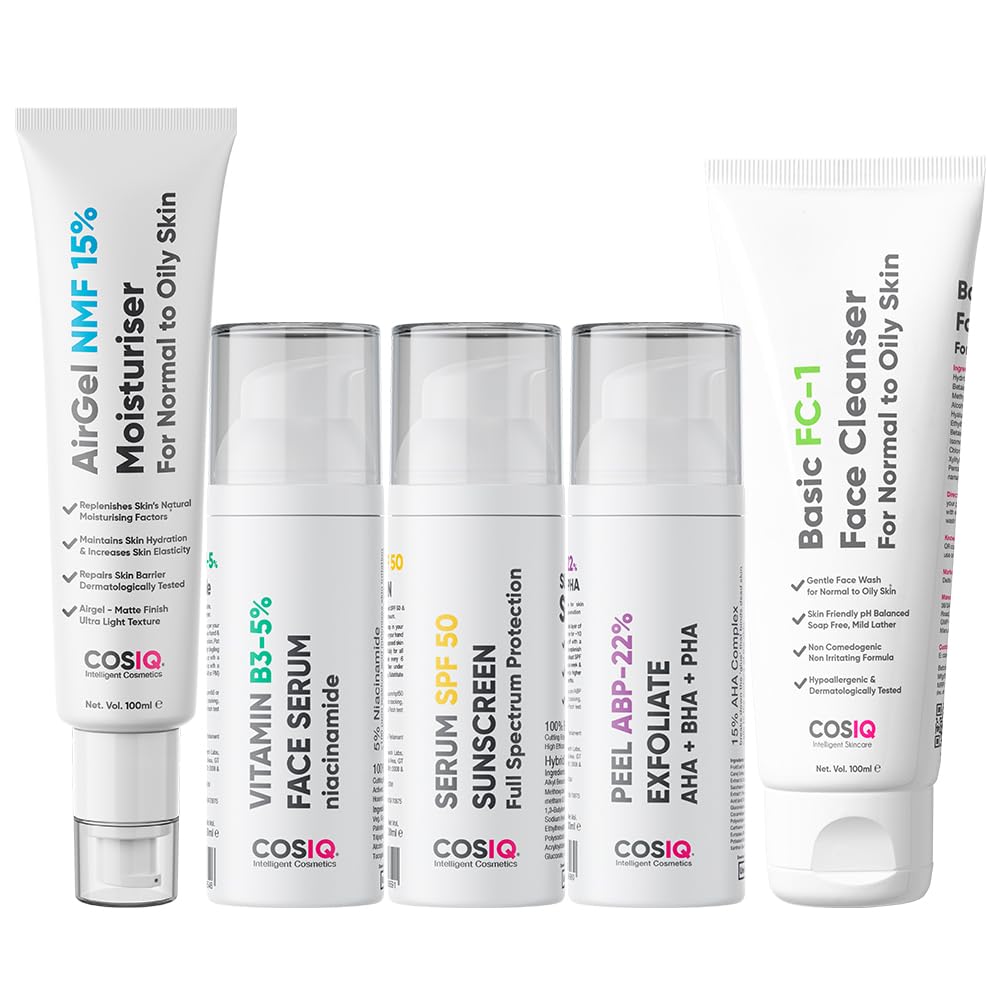 Cos-IQ Complete Skincare Kit for Oily Skin - SPF 50 Sunscreen, ABP 22% Exfoliating Peel, Niacinamide Serum, AirGel Moisturizer & FC-1 Face Wash | Oil Control, Acne Treatment & Daily Sun Protection | Perfect for Combination to Oily Skin Types