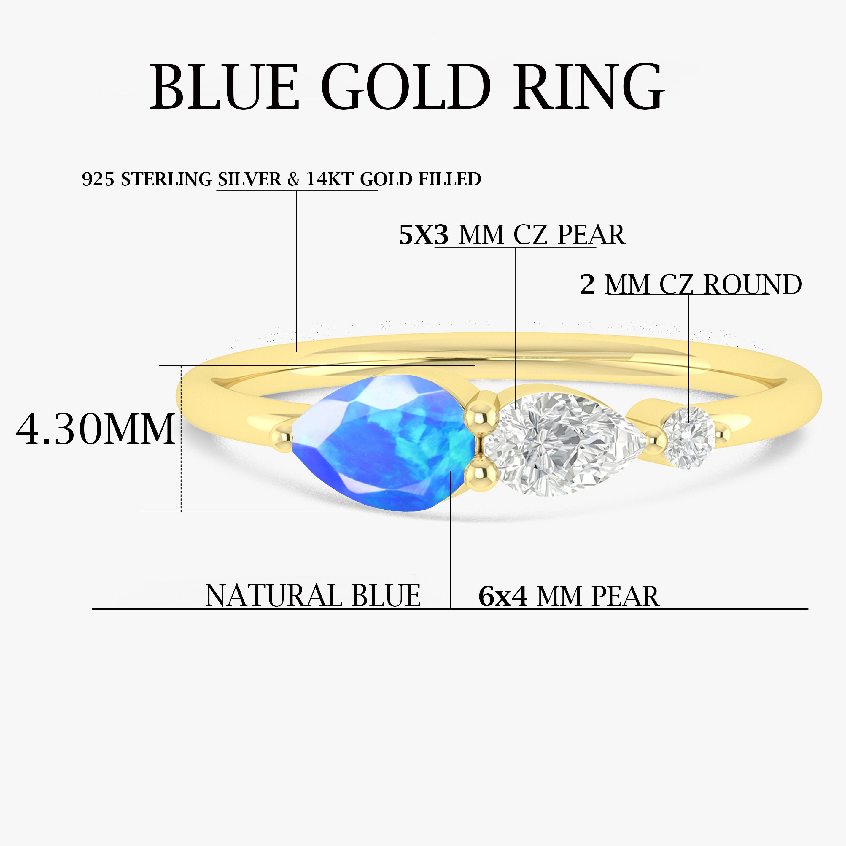 Blue Fire Opal Pear Three Stone Ring – Elegant Jewelry for Women, Perfect for Weddings, Anniversaries & Special Occasions