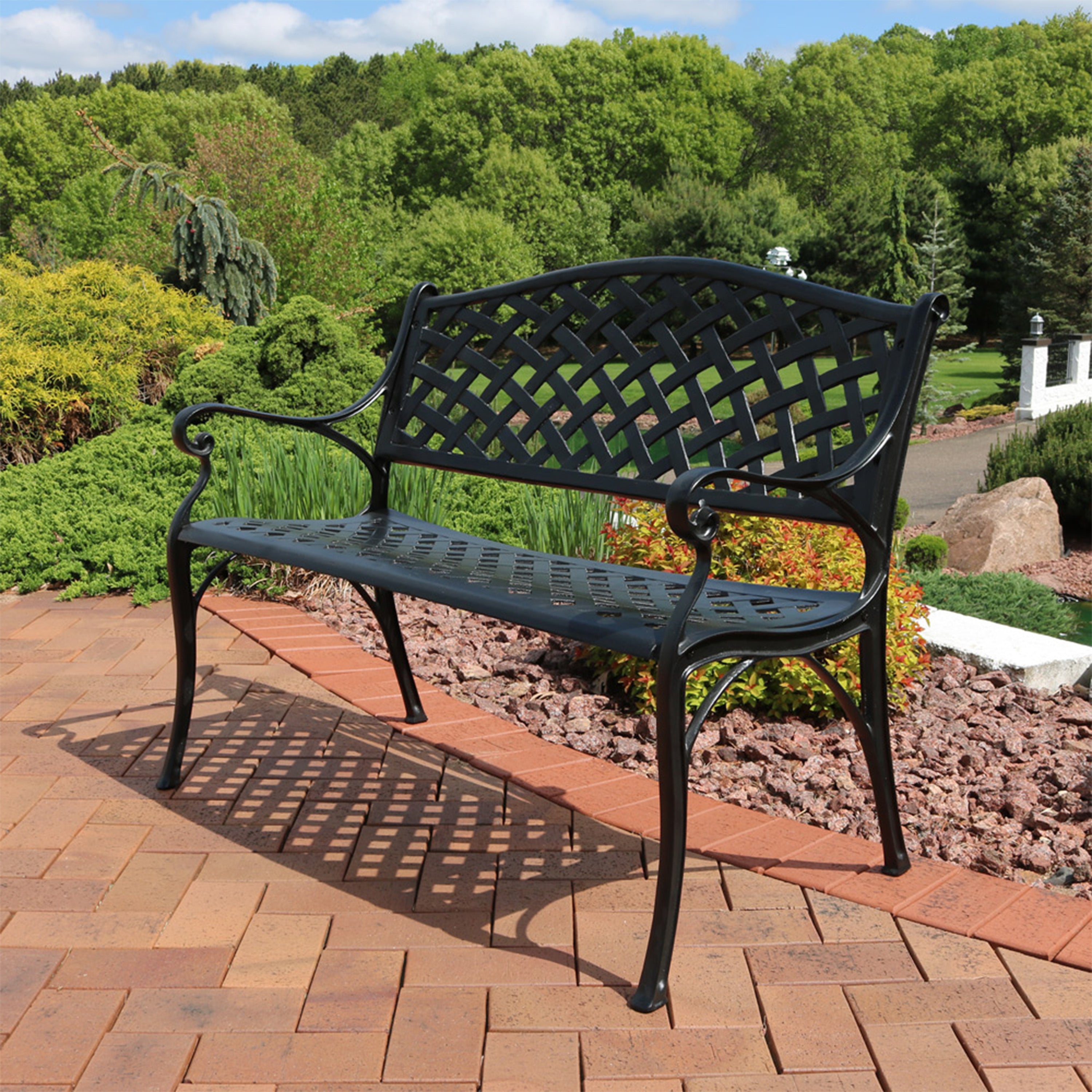Sunnydaze 2-Person Checkered Cast Aluminum Outdoor Garden Bench - Black - Perfect for Patio, Backyard, and Garden Seating