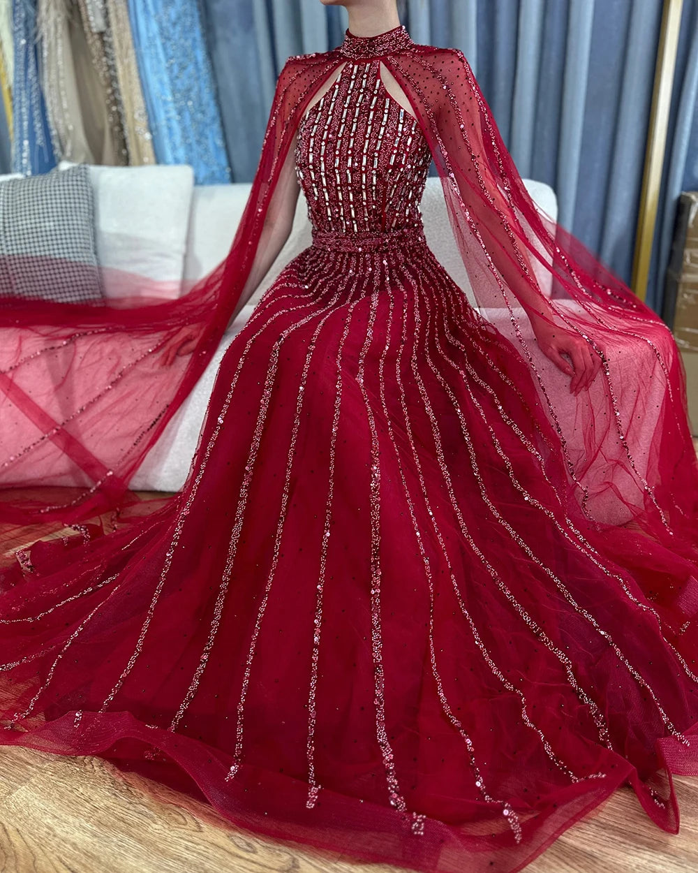 Elegant Arabic Turquoise A-Line Cape Sleeve Beaded Evening Gown for Women - Luxury Dubai Wedding Party Dress LA72306A | Perfect for Formal Events, Galas & Special Occasions