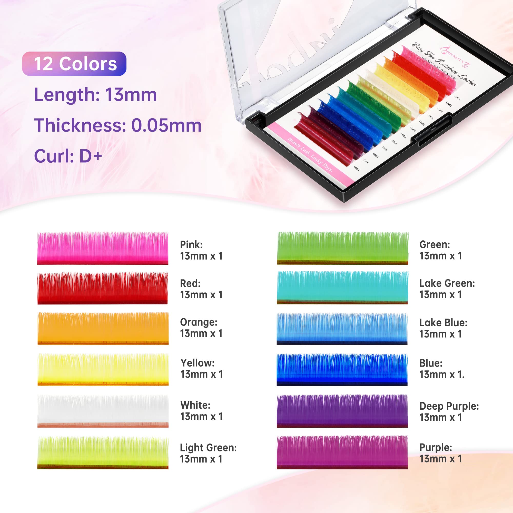 Beauty7 Rainbow Colored Lash Extensions - 12 Vibrant Shades, Self-Fanning Ombre Lashes, D+ Curl, 0.05mm Ultra-Thin, 13mm Dramatic Length | Perfect for Parties, Halloween, Cosplay & Bold Makeup Looks