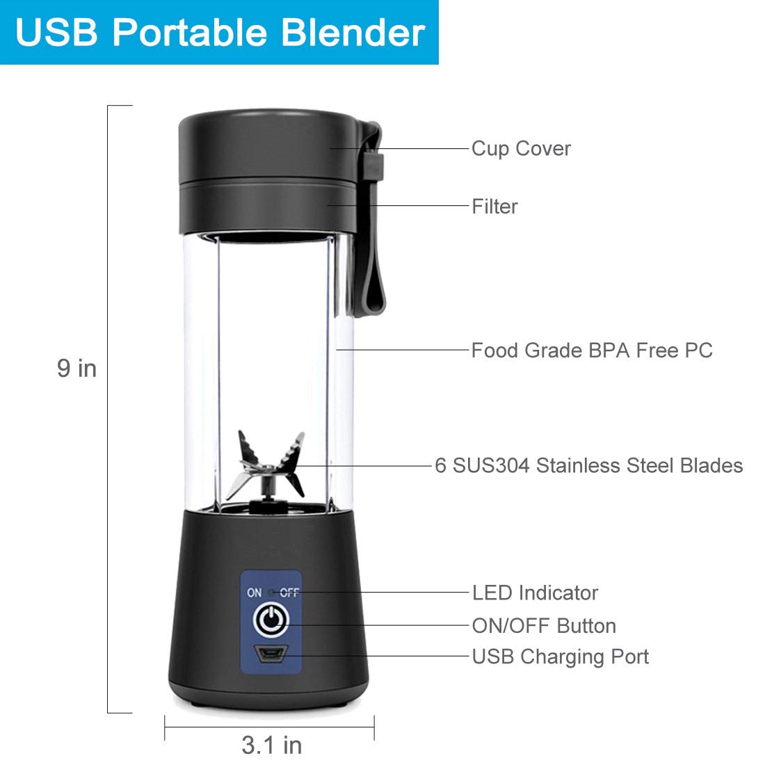 Portable USB Rechargeable Blender - 13oz Mini Travel Blender for Smoothies, Shakes & Baby Food - 2000mAh Personal Blender Cup with BPA-Free Design (Black) - Perfect for Gym, Office, Camping & On-the-Go Lifestyle