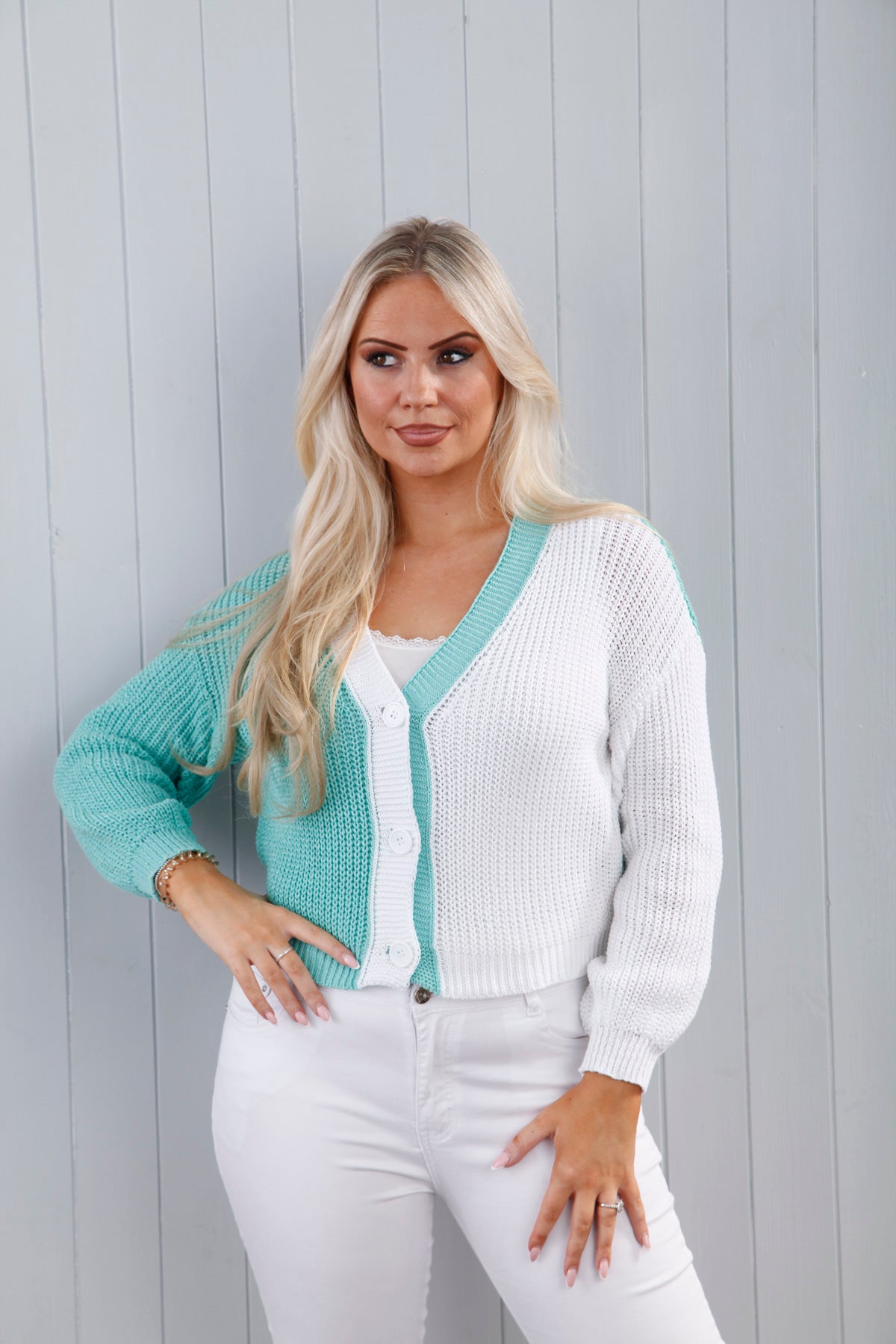 Aqua Contrast Knit Cardigan for Women - Stylish & Comfortable Open Front Sweater for Casual Outfits & Layering