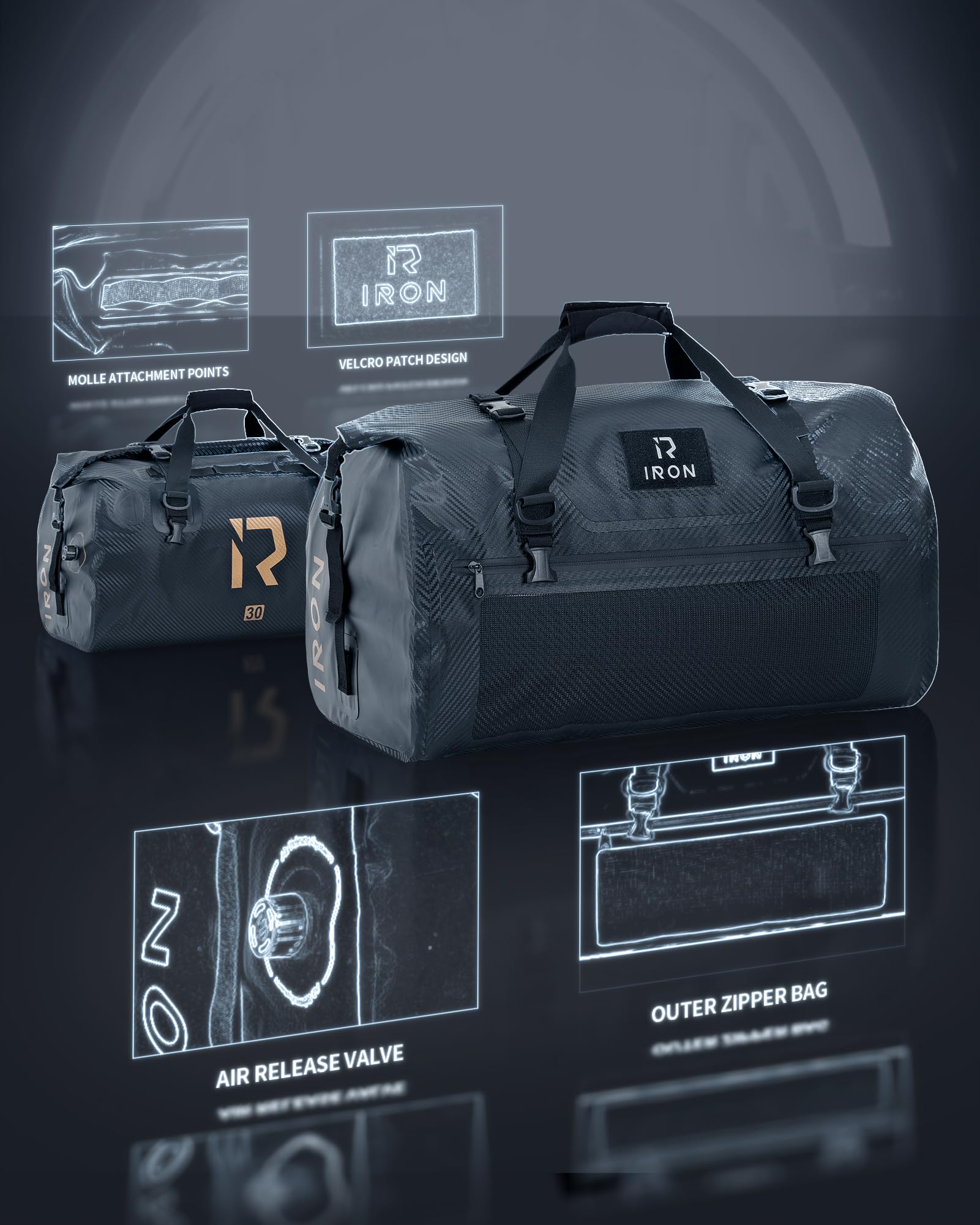 IRON JIA'S 30L Waterproof Motorcycle Dry Bag - Carbon Fiber Duffle & Luggage Tail Bag with Roll Top Closure, Shoulder Straps & Storage Pockets - Ideal for Motorcycle Travel, Camping & Outdoor Adventures