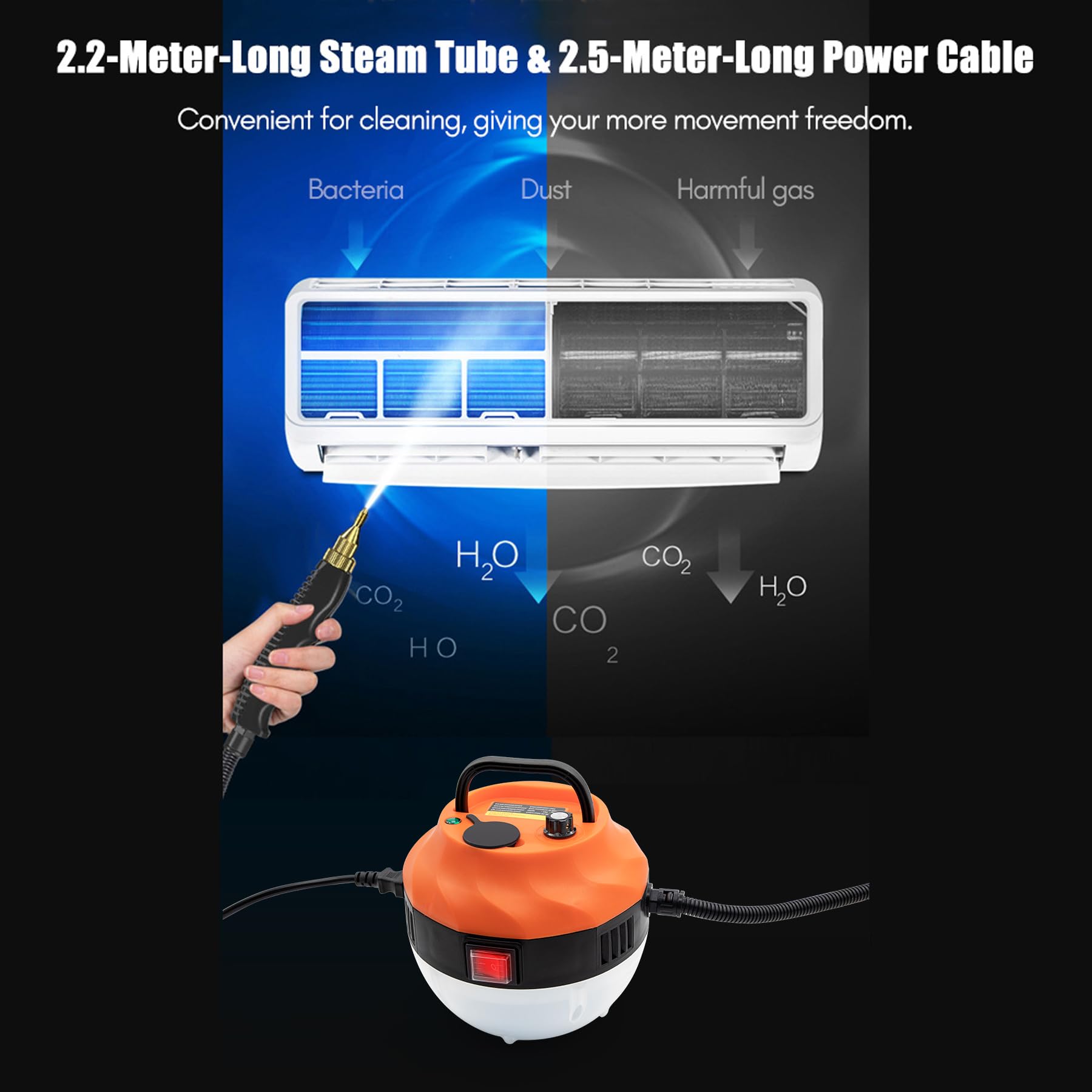 **2500W High Pressure Steam Cleaner for Home - 3 Brush Heads, 2 Washers & Extendable Rod - Handheld Steamer for Upholstery, Kitchen, Bathroom, Floors - Orange & White (Ideal for Deep Cleaning Stains, Grime & Sanitizing Surfaces)**