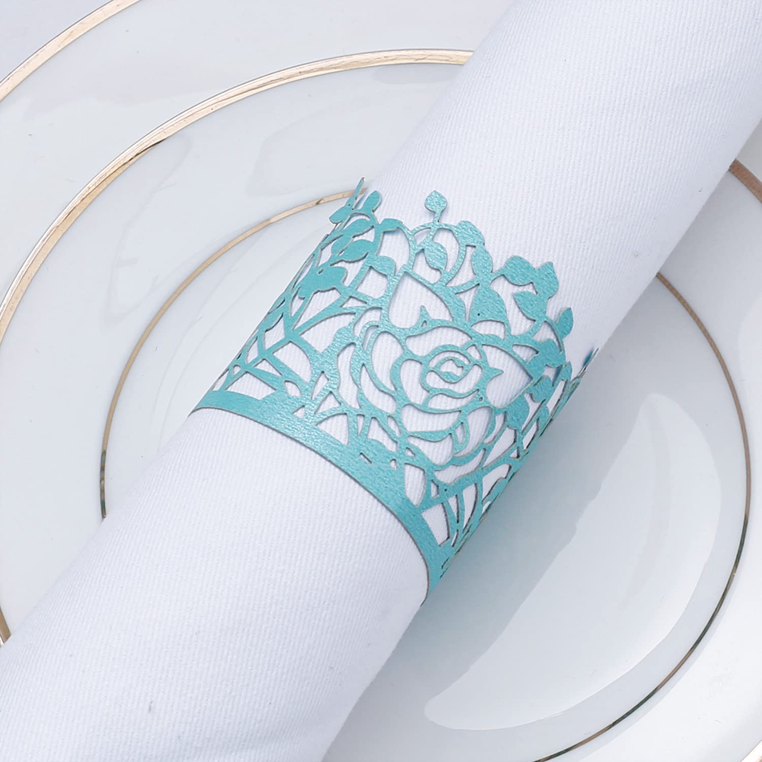 50pcs Disposable Rose Flower Paper Napkin Rings - Leaf Vine Serviette Rings for Wedding, Party & Table Decoration - Elegant Blue Floral Design - Perfect for Bridal Showers, Anniversary Dinners & Fine Dining Events