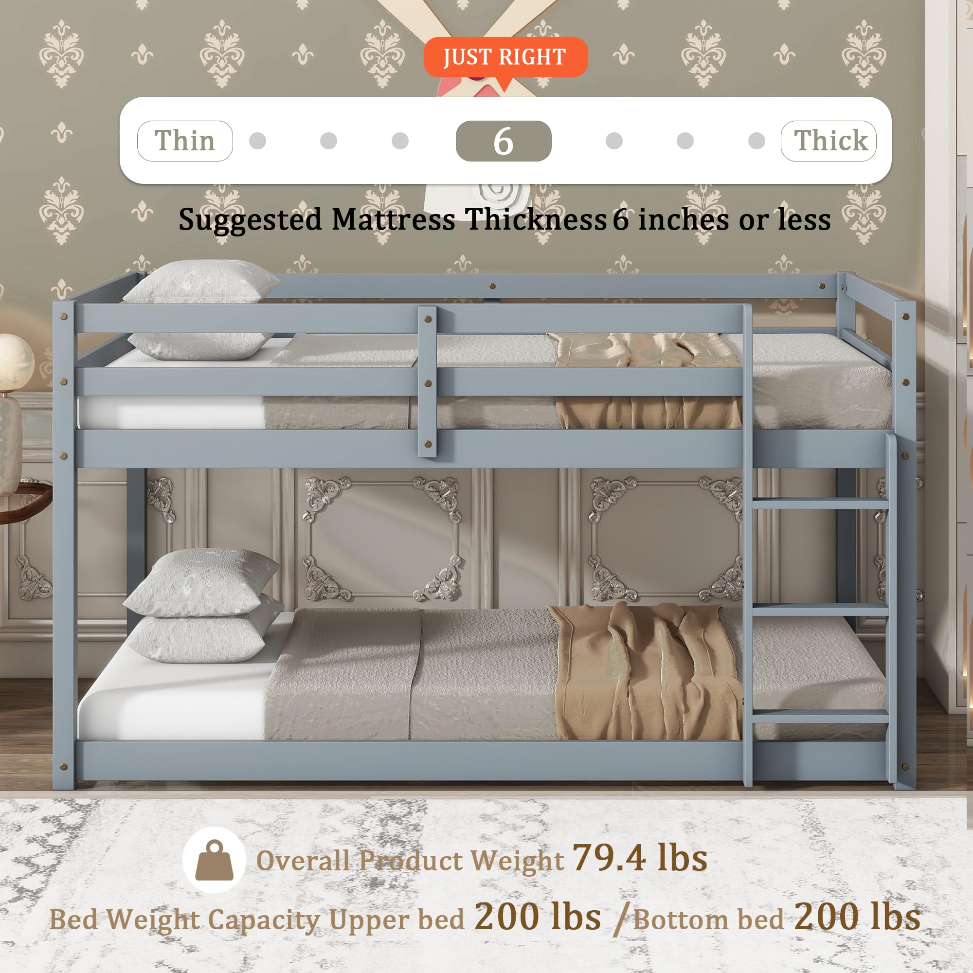 Twin Over Twin Low Bunk Bed with Safety Guardrail & Ladder - Space-Saving Kids Bedroom Furniture for Small Rooms - Easy Assembly, Sturdy Design for Children's Bedroom or Guest Room