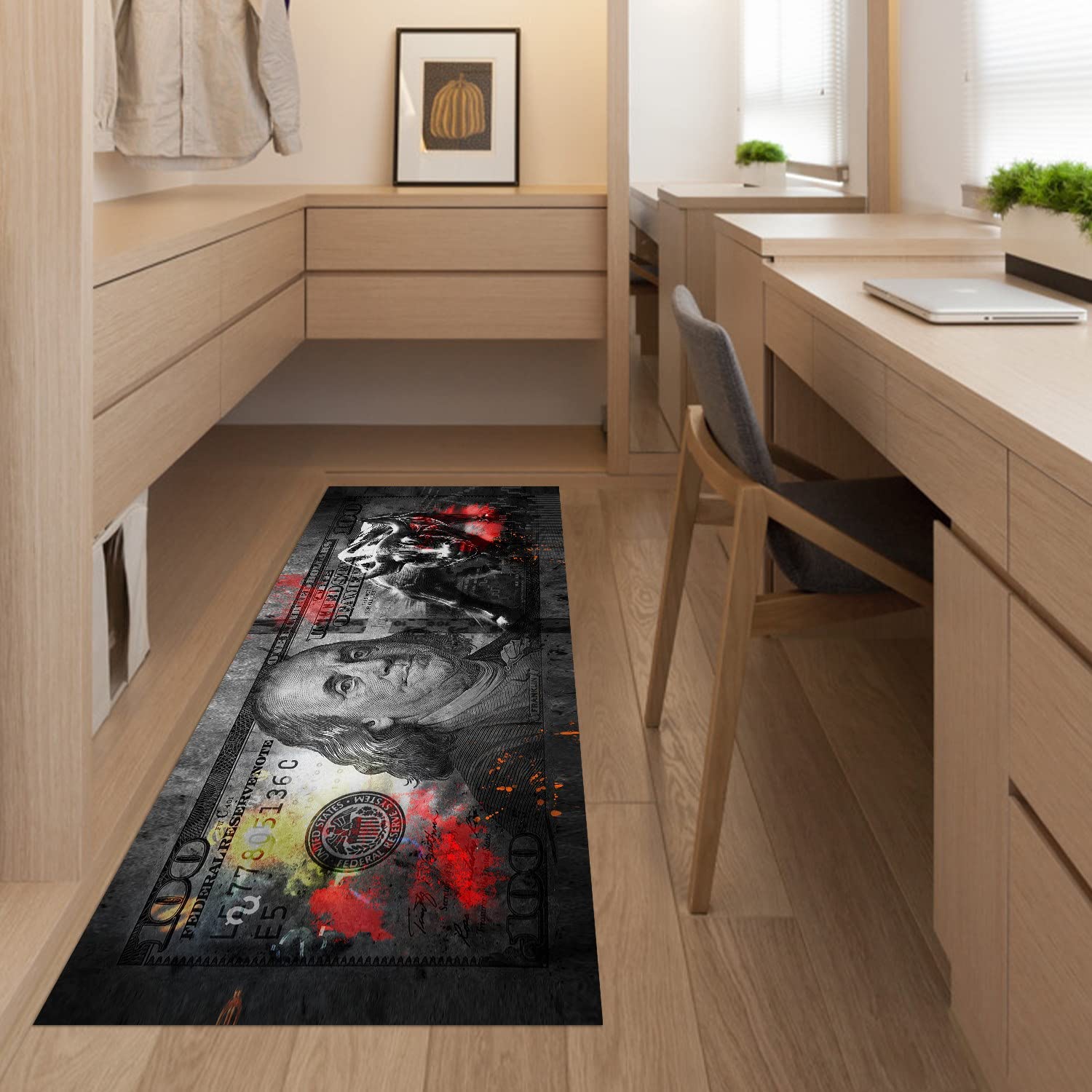 GUBIYU 100 Dollar Bill Printed Area Rug - Non-Slip Money Design Runner (23.6x59 Inches) Gray Wall Street Bull Charging Bull Bath Mat for Living Room, Bedroom & Home Office - Perfect for Modern Home Decor, Dorm Room Style & Unique Gift Ideas