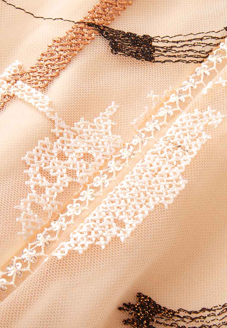 Elegant Beige Embroidered Long Sleeve Cocktail Dress for Women - Perfect for Evening Parties, Weddings & Formal Events