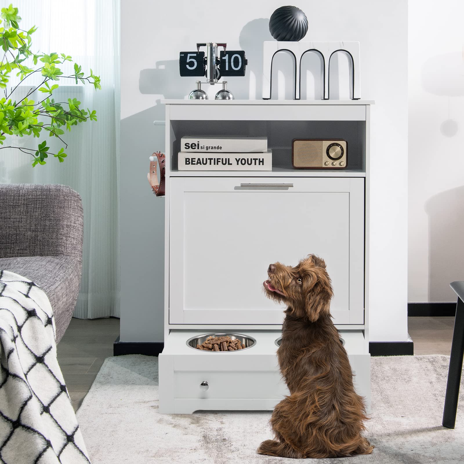 PETSITE Large Pet Feeder Station - Dog Food Storage Cabinet with Stainless Steel Double Pull-Out Raised Bowls for Dog Feeding & Watering Supplies, Pet Toy Organizer in White - Perfect for Kitchen, Laundry Room or Mudroom Pet Feeding Stations