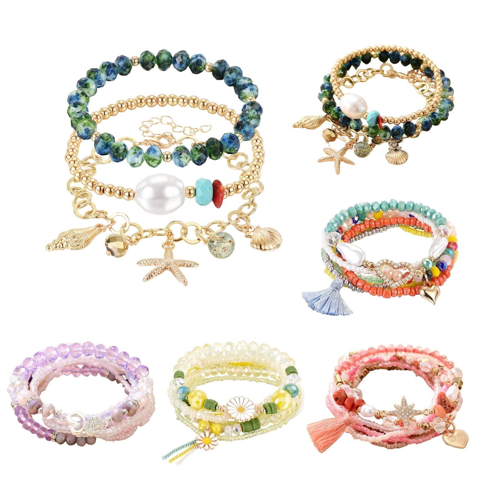 Boho Beaded Bracelets for Women - Sunflower & Shell Charm Layered Bracelet Set - Summer Beach Jewelry for Casual Wear, Vacation & Festival Accessories