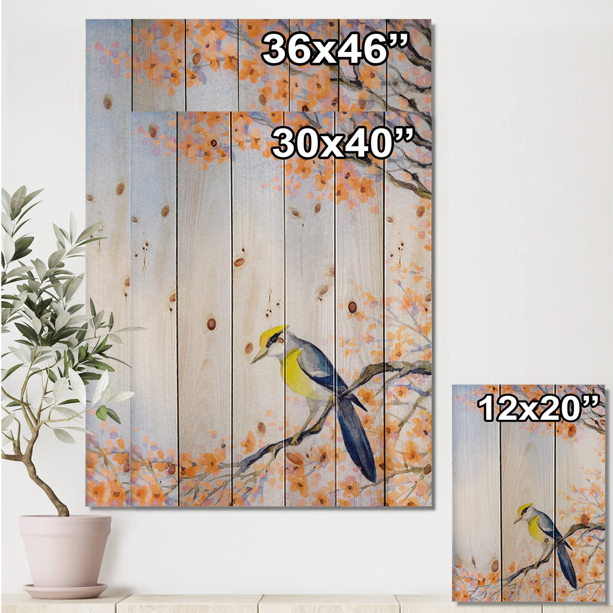 Blue Bird on Flowering Branch Traditional Wood Wall Art - Handcrafted Pine Wood Decor for Living Room, Bedroom & Office - Large Animal Print Wood Panels for Rustic Home Decor