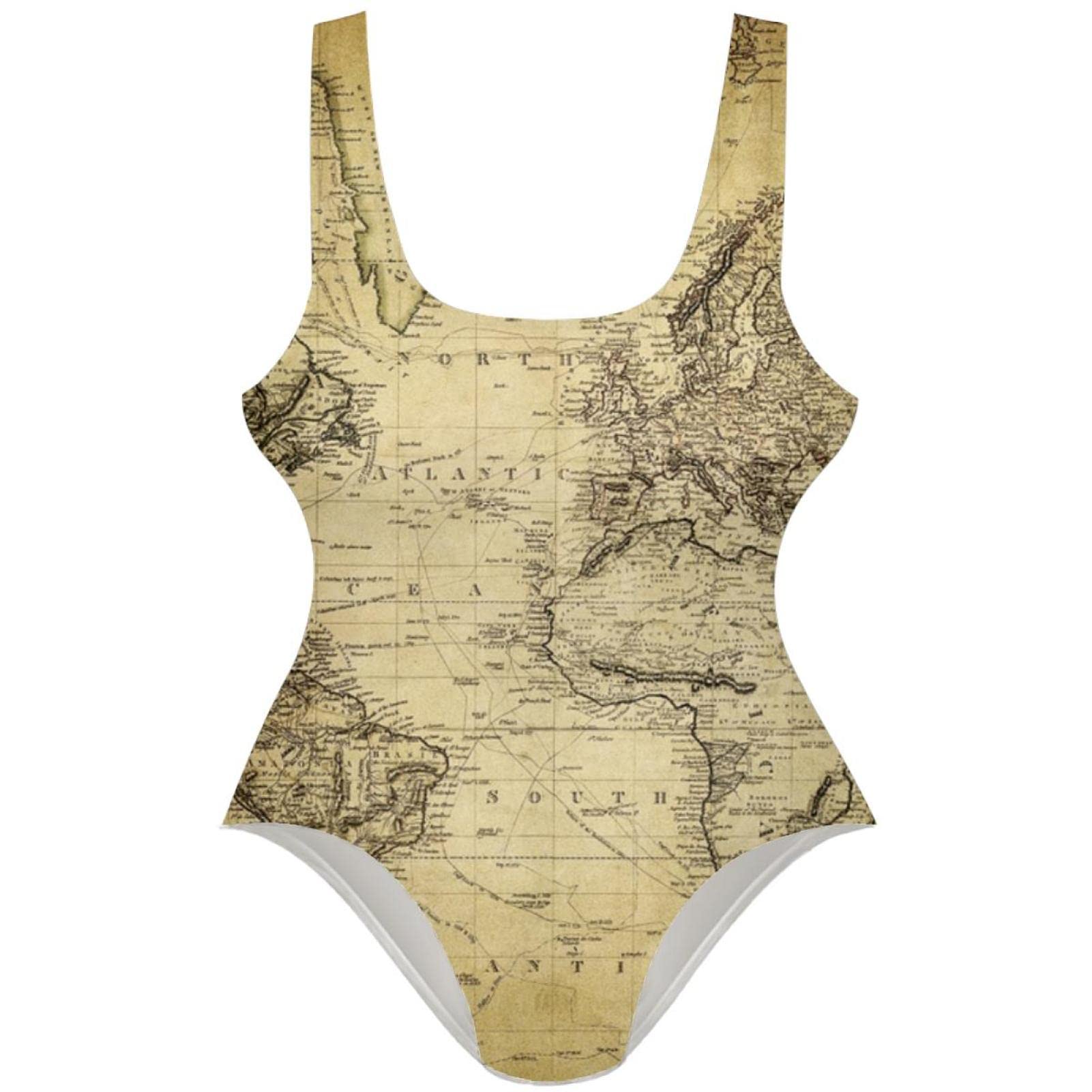 Vintage World Map Print Women's One Piece Swimsuit - U Back Bathing Suit for Beach, Pool & Summer Vacations
