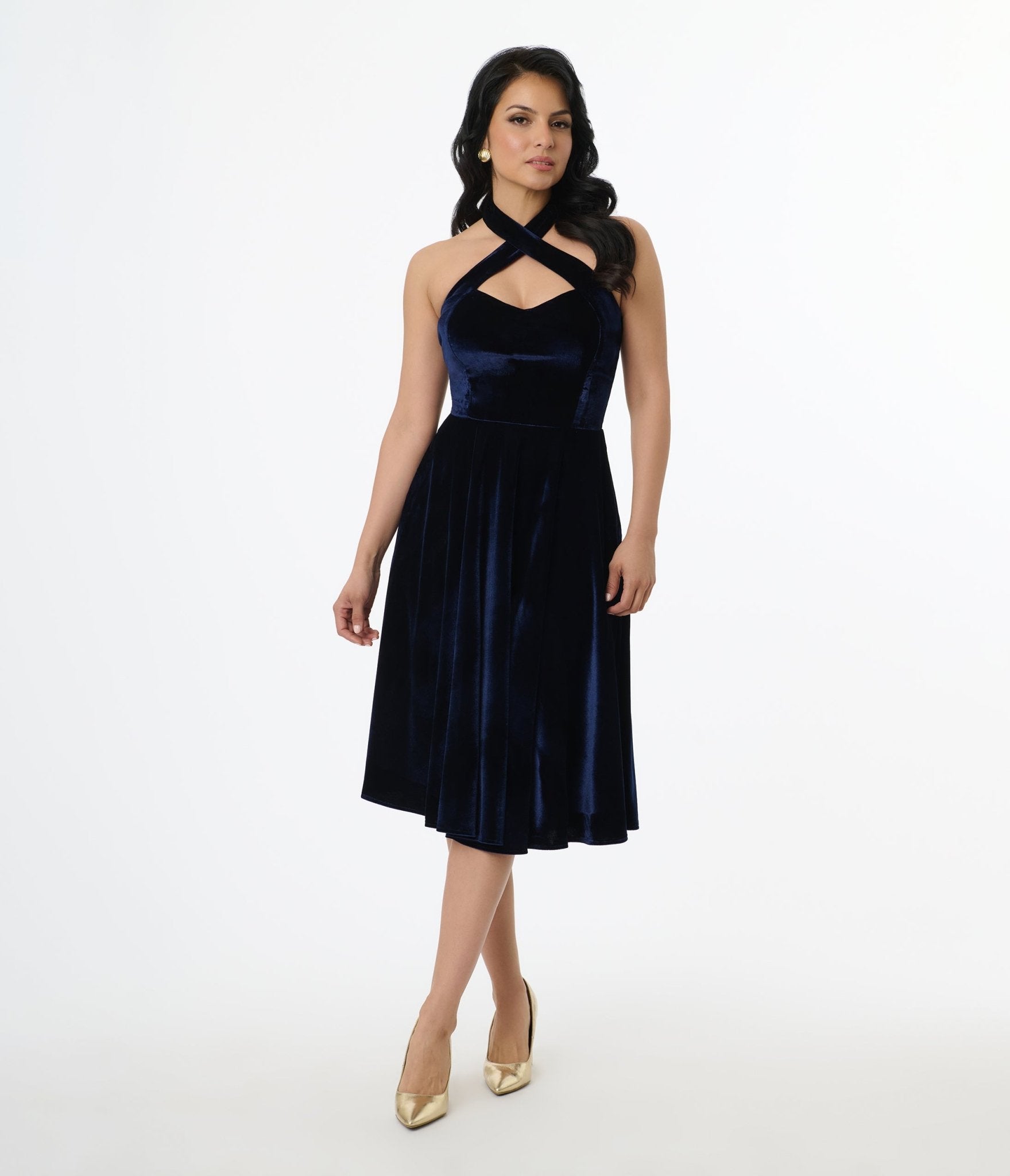 Vintage 1950s Navy Blue Velvet Halter Dress with Criss Cross Back - Retro Swing Flare Dress for Women - Perfect for Cocktail Parties, Weddings & Vintage Themed Events