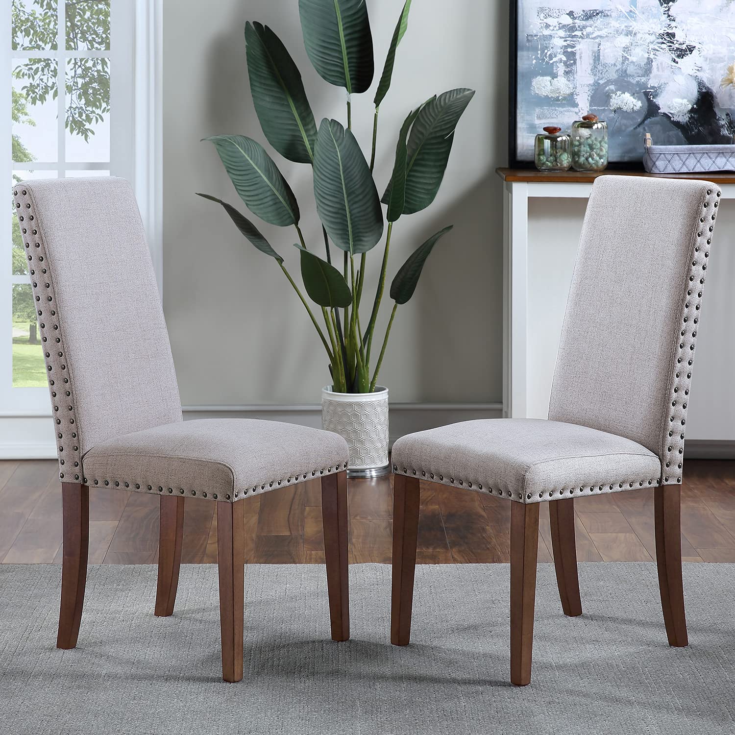 Fairydress Upholstered Dining Chairs Set of 2 - Fabric Covered Chairs with Copper Nails & Solid Wood Legs for Kitchen, Dining Room, Breakfast Nook | Comfortable Seating for Family Meals & Entertaining