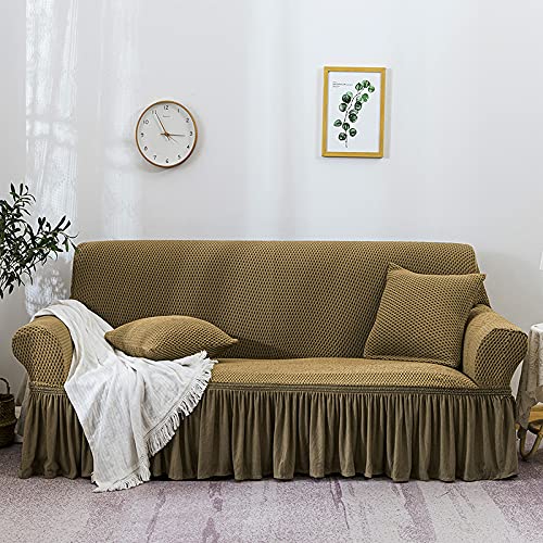 Elegant Turkish Style Stretch Loveseat Sofa Slipcover with Skirt - 1-Piece Soft Thick Checked Couch Cover, Non-Slip Washable Furniture Protector for Living Room, Kids & Pets (Khaki, Medium) | Perfect for Home Decor, Pet Owners & Family Gatherings