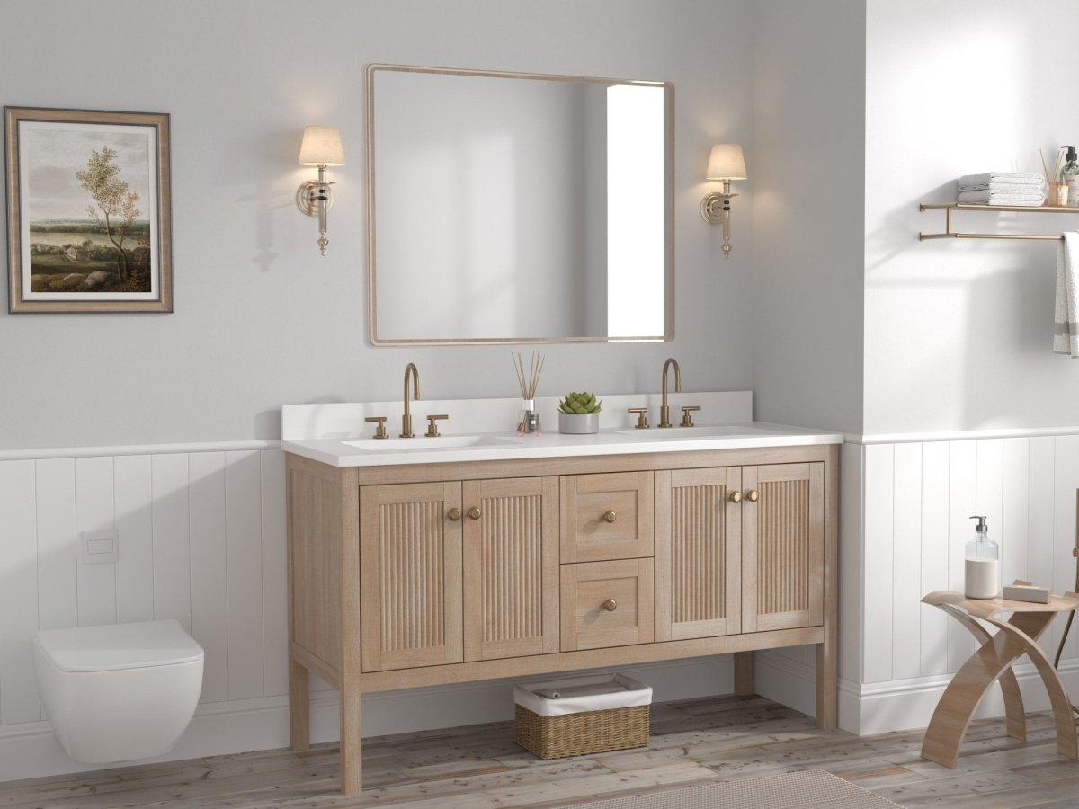 60 Inch Modern Light Oak Double Sink Bathroom Vanity with White Quartz Countertop - Perfect for Master Bathroom & Guest Bath Remodeling