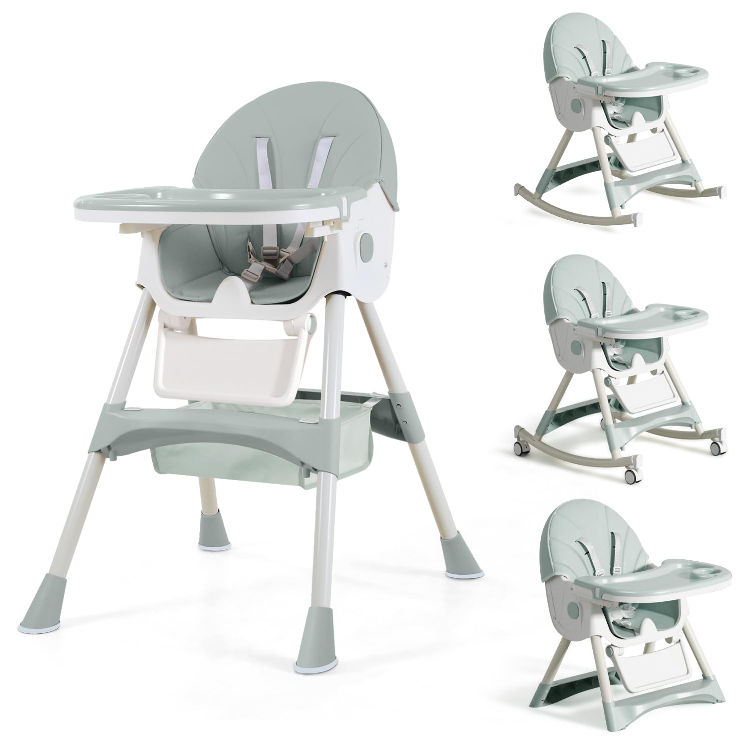 4 in 1 Foldable Baby High Chair with Removable Tray, Safety Belt, Adjustable Footrest & Wheels - Convertible Toddler Feeding Chair for Dining, Travel & Home Use - Green