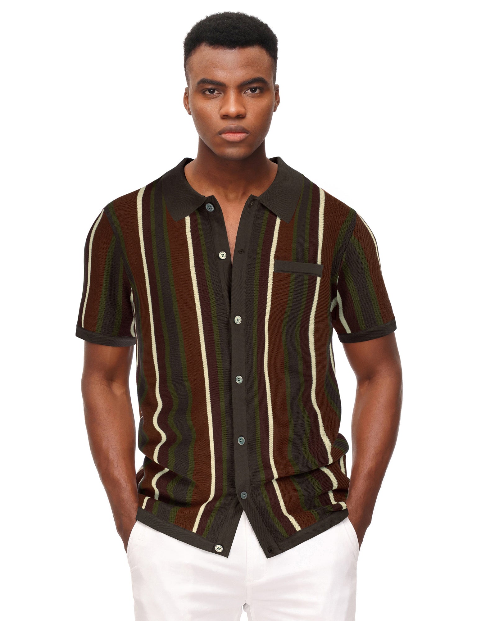 Vintage Stripe Lapel Collar Men's Short Sleeve Knit Polo Shirt - Casual Summer Office Wear & Weekend Outfit
