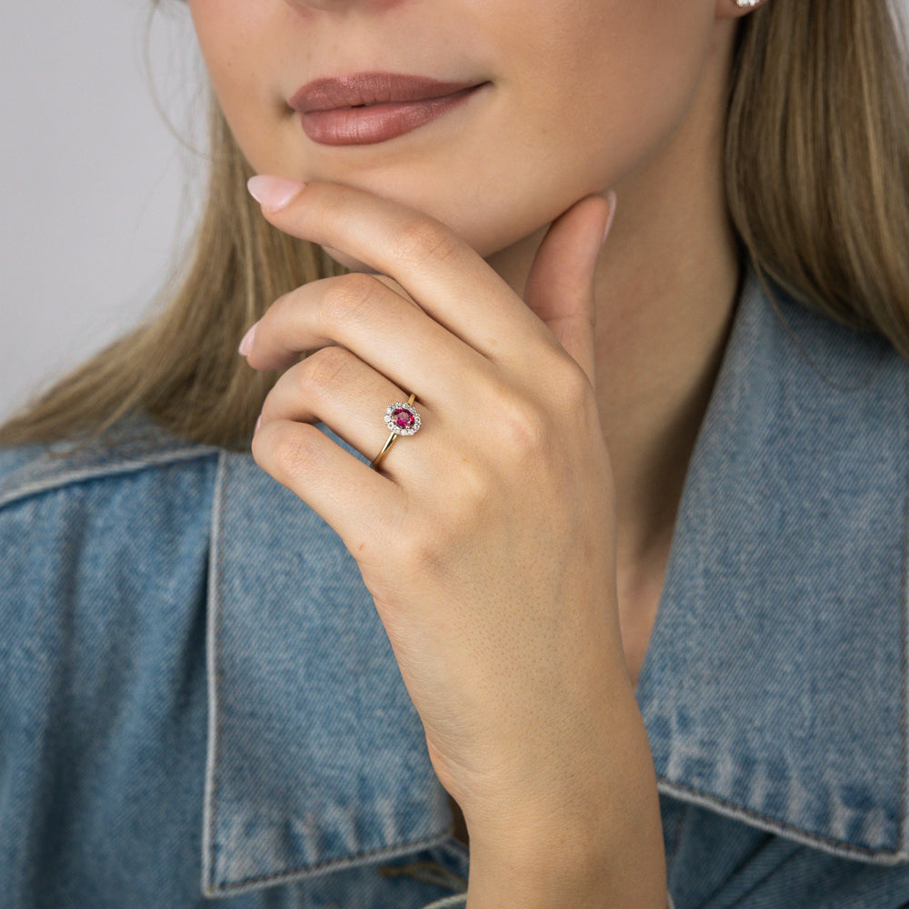 0.39 Carat Oval Created Ruby and Diamond Ring in 9K Yellow Gold - Elegant Engagement, Anniversary, or Gift Jewelry for Women