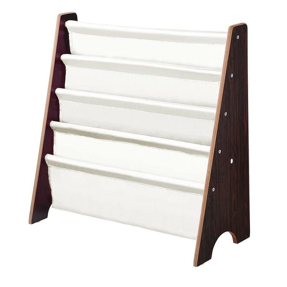 Kids Book Shelf Organizer - Wooden Sling Storage Rack & Bookcase Display Holder for Nursery, Playroom & Classroom (Walnut Finish) - Perfect for Organizing Children's Books, Toys & Learning Materials