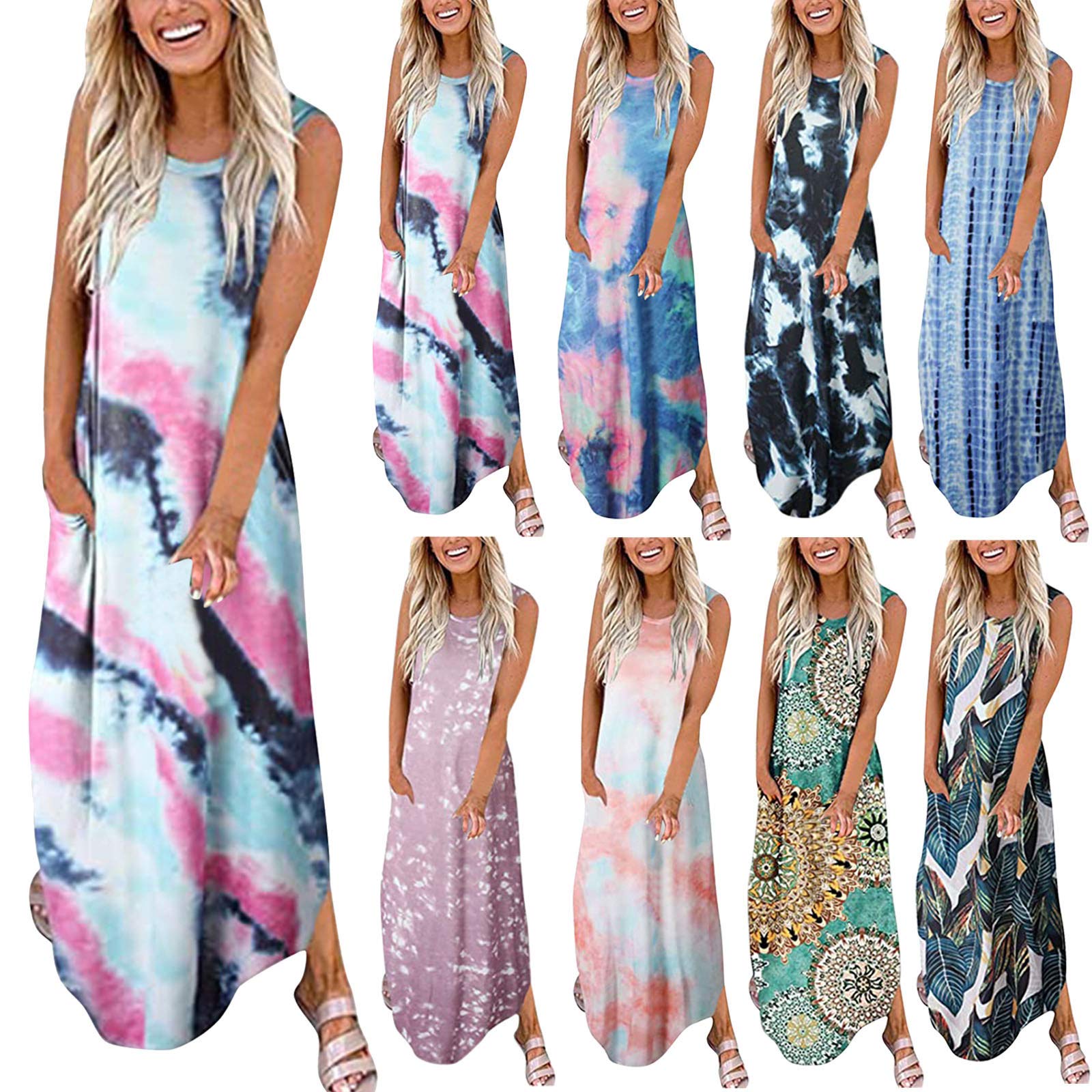 Women's Paisley Floral Sleeveless Maxi Dress with Pockets - Summer Casual Hawaiian Beach Tank Dress, Plain T-Shirt Style for Vacation & Outdoor Activities | Leirke
