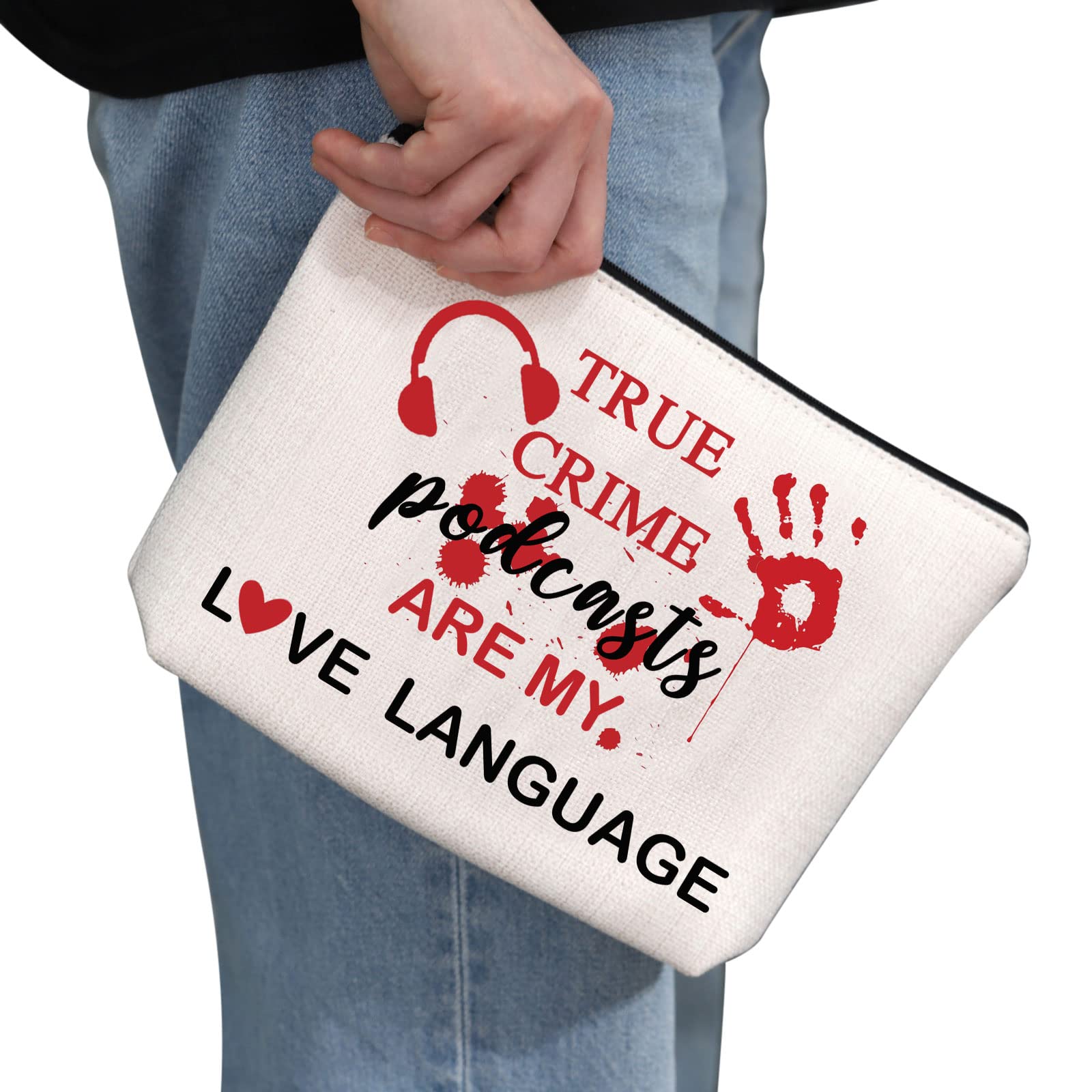 True Crime Podcast Lover Makeup Bag - G2TUP True Crime Junkie Gift, Crime Show & Murder Mystery Travel Cosmetic Bag (White) - Perfect for Podcast Fans, Travel & Daily Essentials Storage