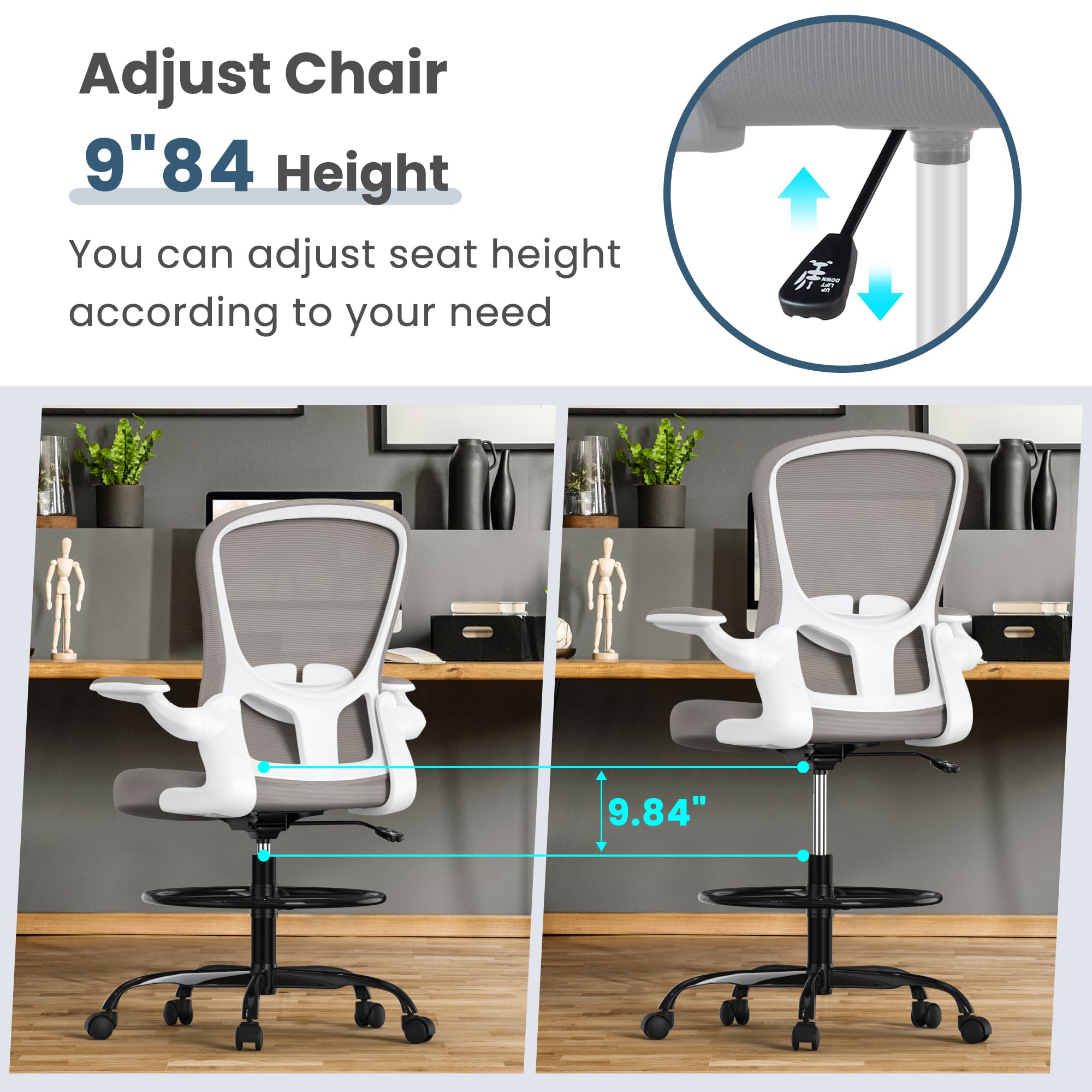Ergonomic Drafting Chair with Flip-Up Armrests & Adjustable Footrest - Tall Office Chair for Standing Desks - Executive Computer Chair with Lumbar Support - Perfect for Architects, Designers & Home Office Workspaces