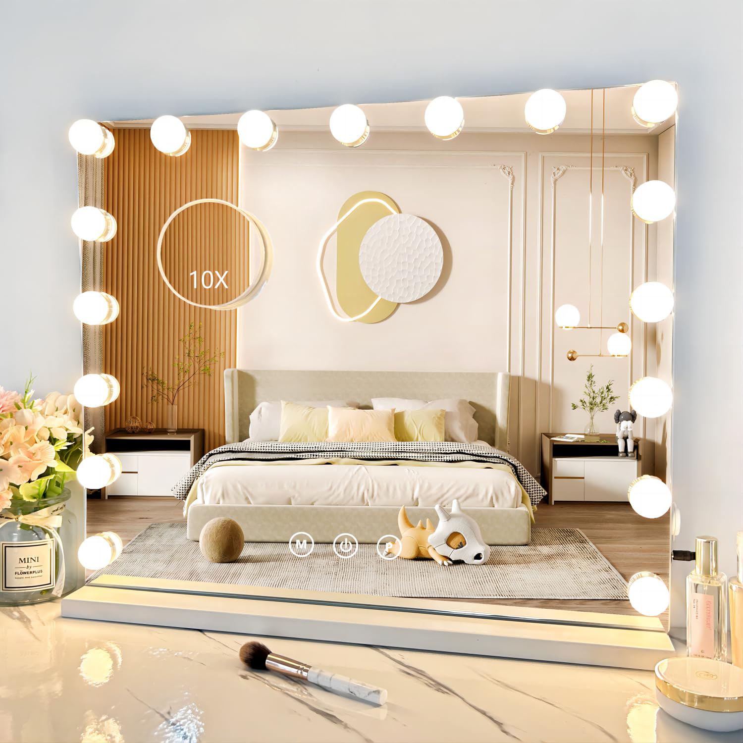 Vanity Mirror with Lights - 17 Dimmable LED Bulbs, 3 Color Lighting Modes, Detachable 10X Magnification, Touch Control (23.6x19.7 Inch, White) - Perfect for Makeup Application, Skincare Routine, and Professional Salon Use