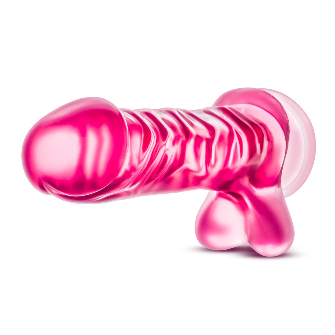 Blush Novelties B Yours Basic 8-9 Inch Realistic Dildo - Firm Flexible Silicone with Suction Cup | Harness Compatible Adult Sex Toy for Couples & Solo Play | Fragrance-Free Translucent Pink Design for Enhanced Pleasure