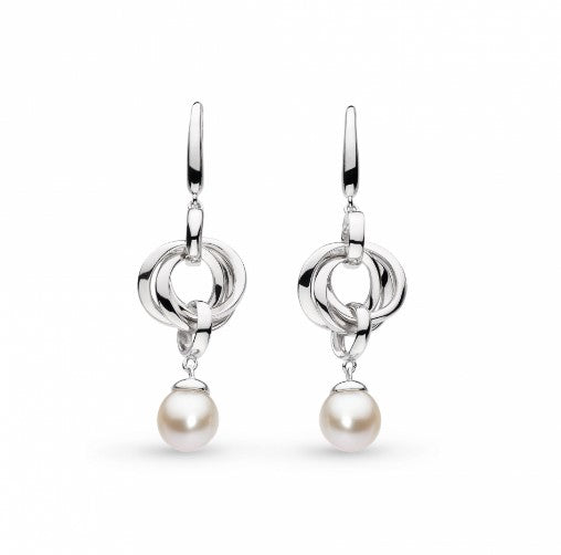 Bevel Trilogy Pearl Drop Earrings for Women - Elegant 3-Pearl Dangle Earrings Jewelry for Wedding, Party & Special Occasions
