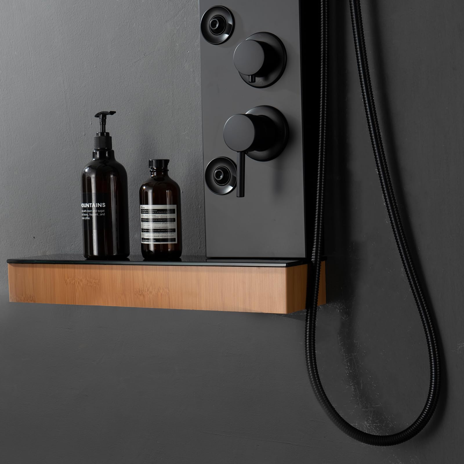 BWE 4-in-1 Stainless Steel Shower Panel Tower System with Rainfall Shower Head, Handheld Massage Spray, Body Jets & Storage Shelf - Multi-Function Bathroom Upgrade for Spa-Like Experience