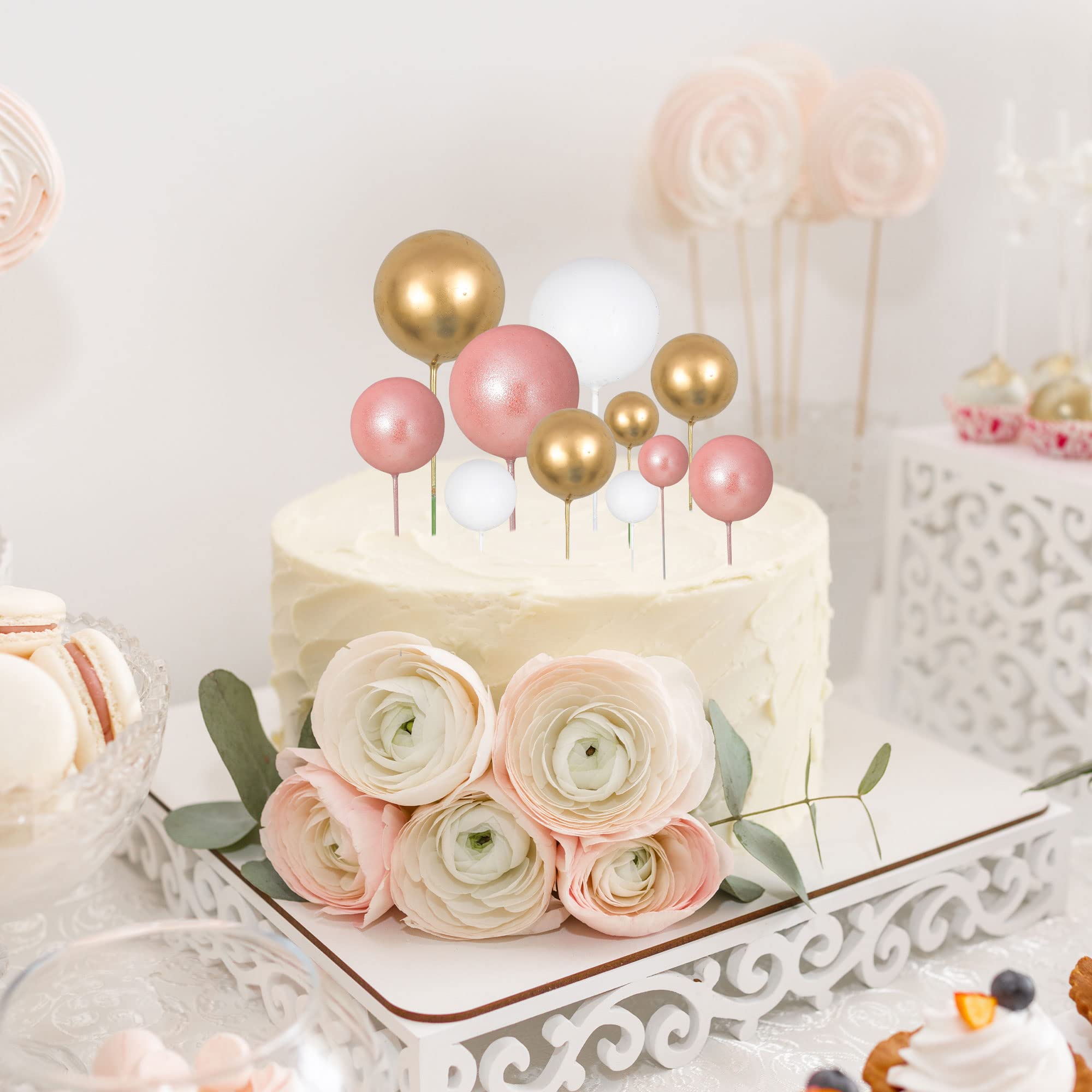 30Pcs Mini Balloon Cake Toppers - Rose Gold & White Gold Foam Ball Cake Decorations for Birthday Party, Baby Shower, Wedding & Anniversary Celebrations - Perfect for DIY Dessert Decor and Special Event Centerpieces