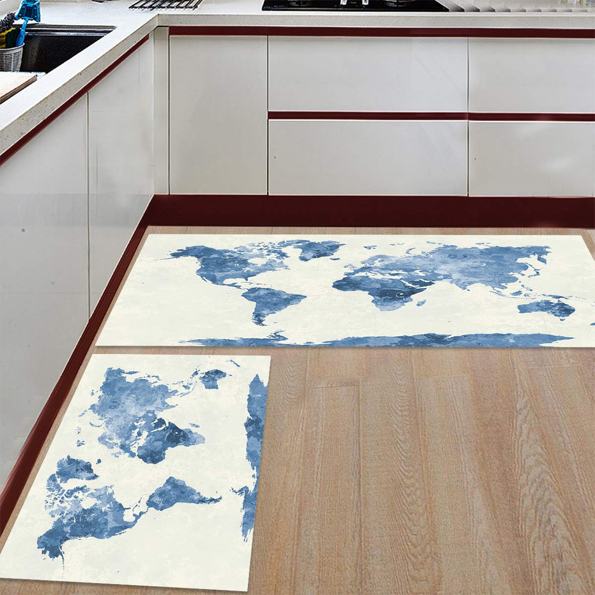 Teamery Non-Slip Kitchen Rugs Set of 2 - Cushioned Comfort Runner Mats for Living Room, Bathroom & Standing Desk - Watercolor World Map Design in Ocean Blue - Perfect for High-Traffic Areas, Home Entrance & Office Spaces