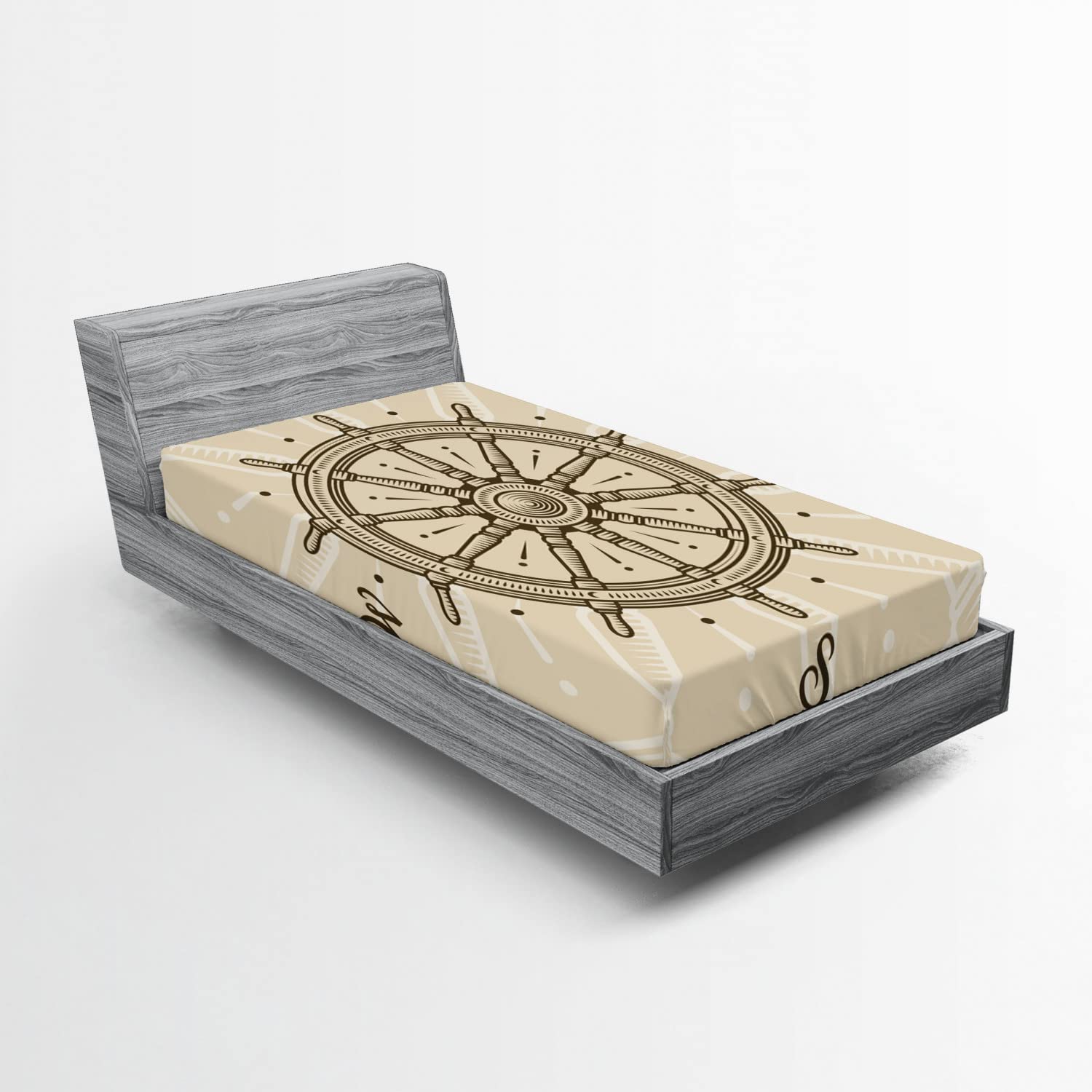 Ambesonne Vintage Ship Wheel Fitted Sheet - Twin XL Size Beige Brown, Retro Nautical Theme Bedding with Deep Pocket Elastic for Mattress | Perfect for Coastal Decor, Sailor-Themed Bedrooms & Maritime Enthusiasts