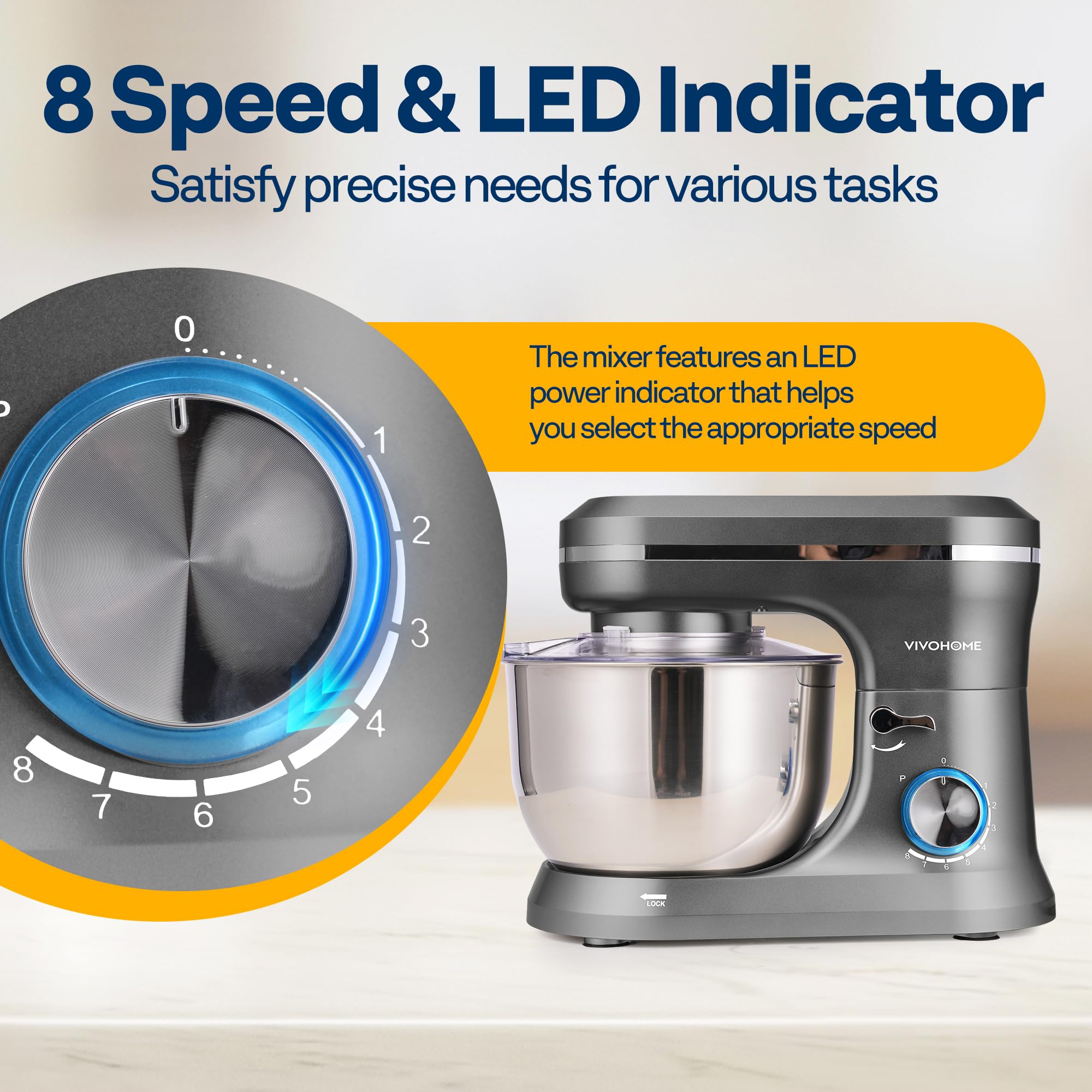 VIVOHOME 4.75 Quart Stand Mixer - 8 Speed Electric Kitchen Mixer for Baking, Cake, Bread & Dough - Includes Beater, Dough Hook, Wire Whip & Egg Separator - Gray | Perfect for Home Bakers & Professional Chefs