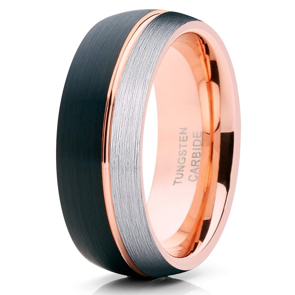Rose Gold Tungsten Wedding Band for Men & Women - 8mm Black Tungsten Comfort Fit Ring with 18k Rose Gold Brushed Finish - Perfect for Anniversaries, Engagements, and Everyday Wear
