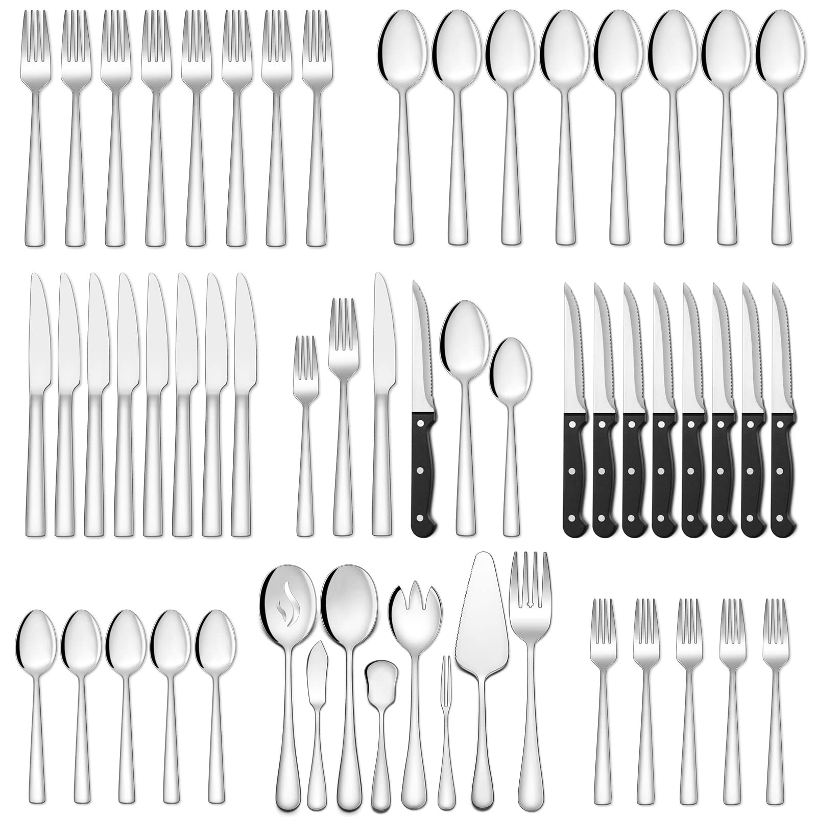 44-Piece Stainless Steel Flatware Set with Steak Knives - Service for 6 - Mirror Polished Silverware for Home & Restaurant - Dishwasher Safe - Perfect for Dinner Parties, Weddings & Everyday Dining