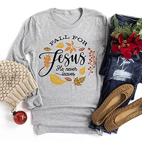 Fall For Jesus He Never Leaves T-Shirt - Christian Thanksgiving Family Matching Outfits, Long Sleeve, Sweatshirt & Hoodie Options - Perfect for Church Gatherings, Holiday Dinners & Family Photos