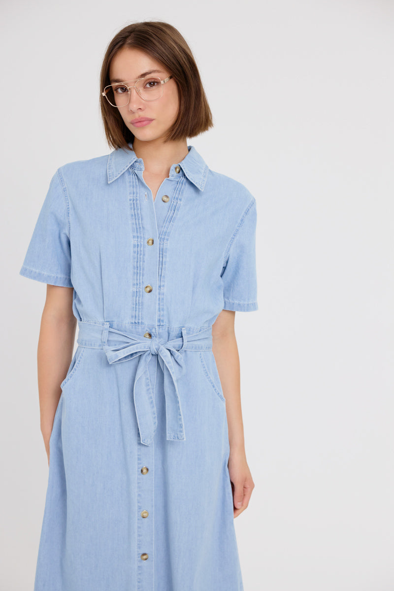 Fleurine Midi Dress Women's Light Blue Denim Casual Summer Flowy Dress - Perfect for Beach Vacation, Date Night & Office Wear