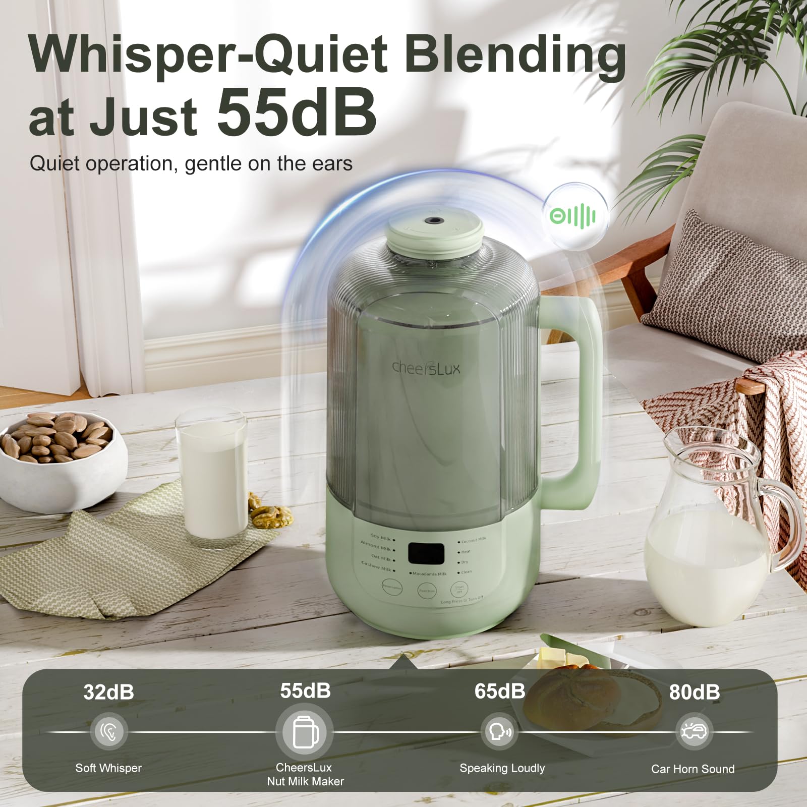 **CheersLux 40oz Nut Milk Maker - Low Noise 9-in-1 Automatic Soy Milk Machine for Almond, Oat & Plant-Based Milk - 3-Min Cold Press, Delay Start & Auto Clean - Perfect for Vegan, Dairy-Free & Healthy Lifestyles**    *(Use Cases: Ideal for homemade almond milk, oat milk, soy milk, and other plant-based beverages. Great for vegan diets, lactose intolerance, and healthy meal prep.)*